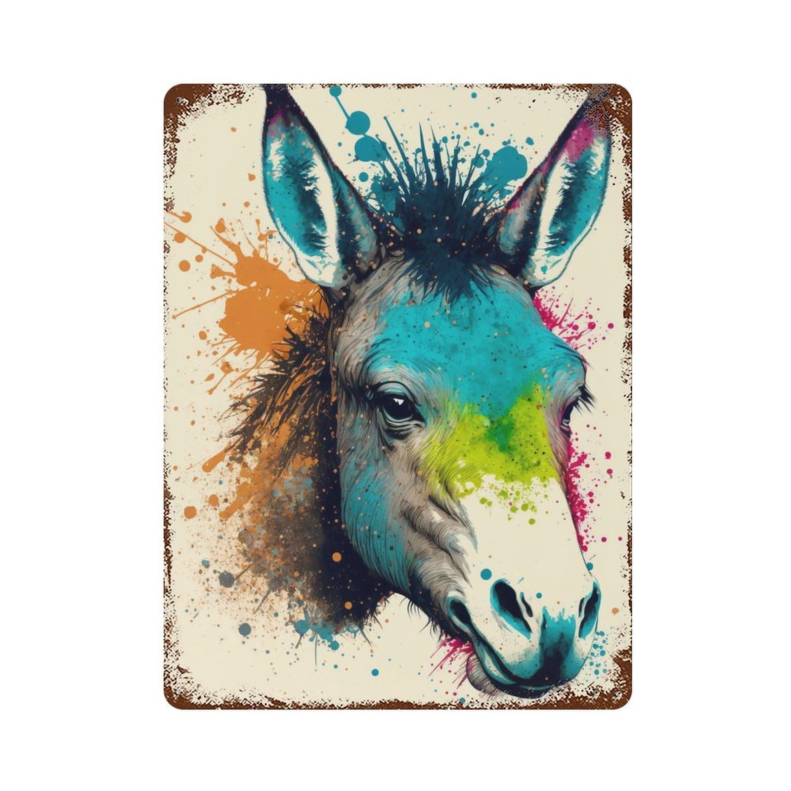 Vintage Rust Metal Sign with Colorful Donkey Art Print Design 15.7"x11.8", for Shed, Workshop And Garage Wall Decor, Retro Wall Decor