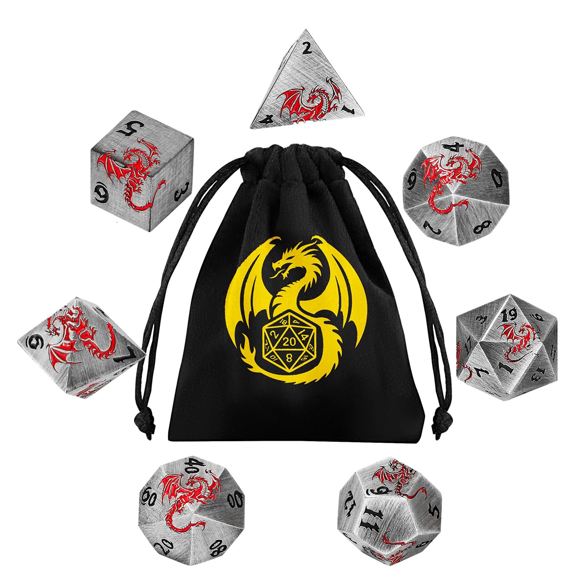 Fashion Silver Dragon Dice Set, DND Starter Set, 7Pcs Metal Polyhedral Dice