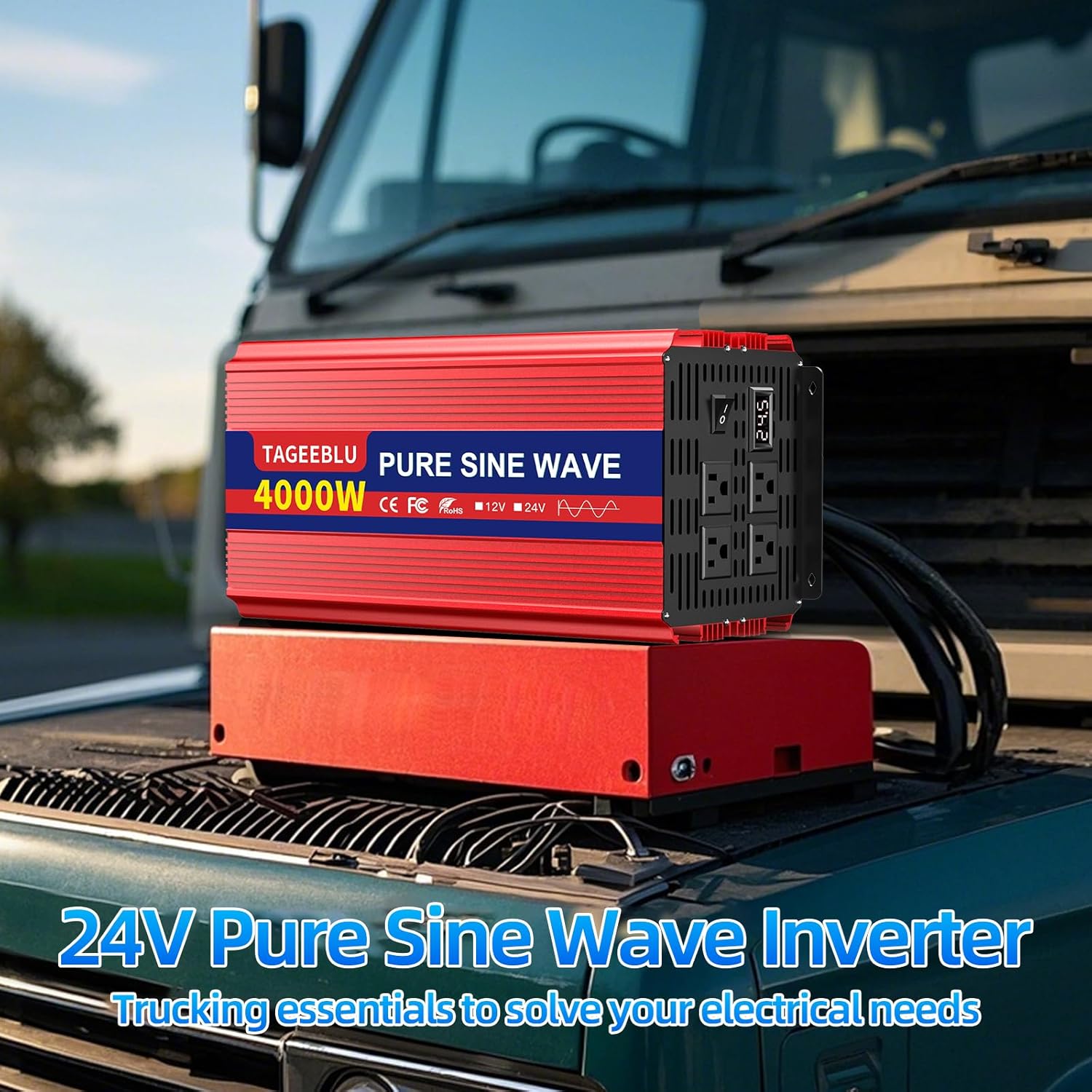 4000W 24V Pure Sine Wave Inverter, 24V DC to 110V/120V AC Power Inverter for RV、Off Grid、Truck、Power Outage with 4 AC outlets and LCD Display