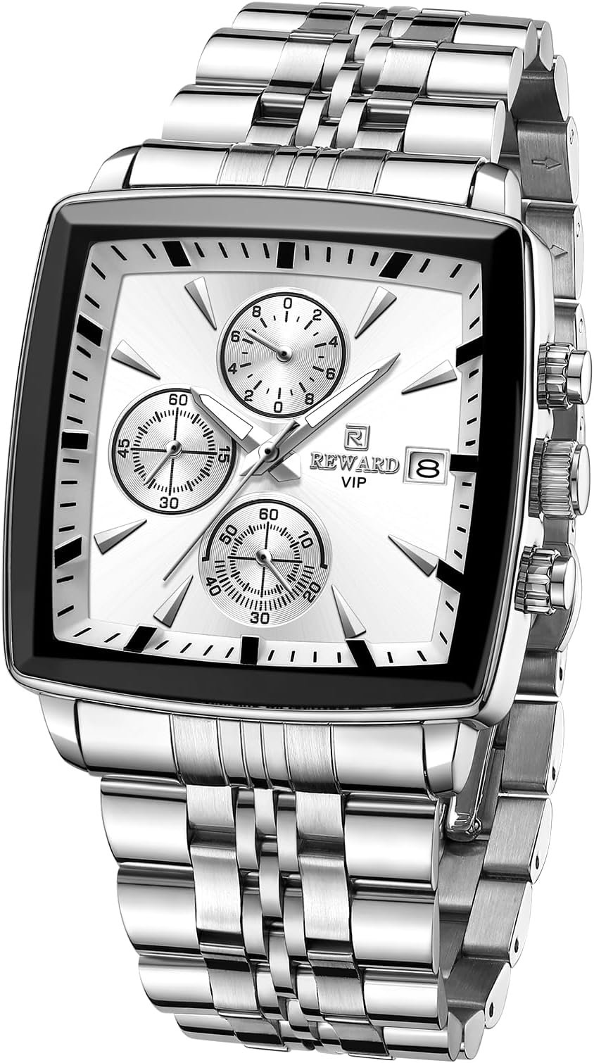 REWARD Square Mens Wrist Watches, Luxury Fashion Analog Quartz Watch, Classic Big Face Chronograph Waterproof Luminous Date Stainless Business Watches for Men Black/Silver/Blue Dial