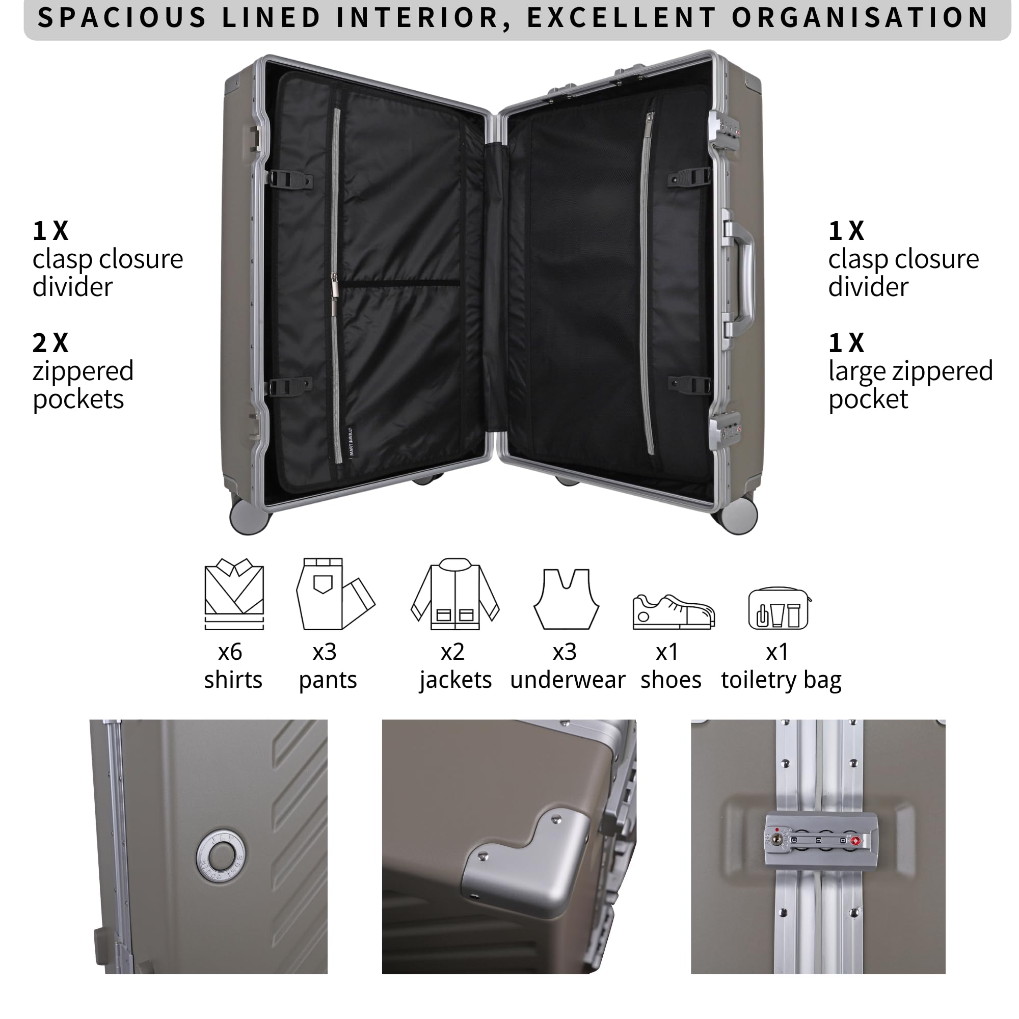 JLY Valigia Rigida 100% Policarbonato Senza Cerniera, Trolley da Viaggio con Doppio Lucchetto TSA, 4 Ruote Girevoli e Manico in Lega di Alluminio, Bagaglio da Stiva (Grigio Kaki, S (56cm 37L))