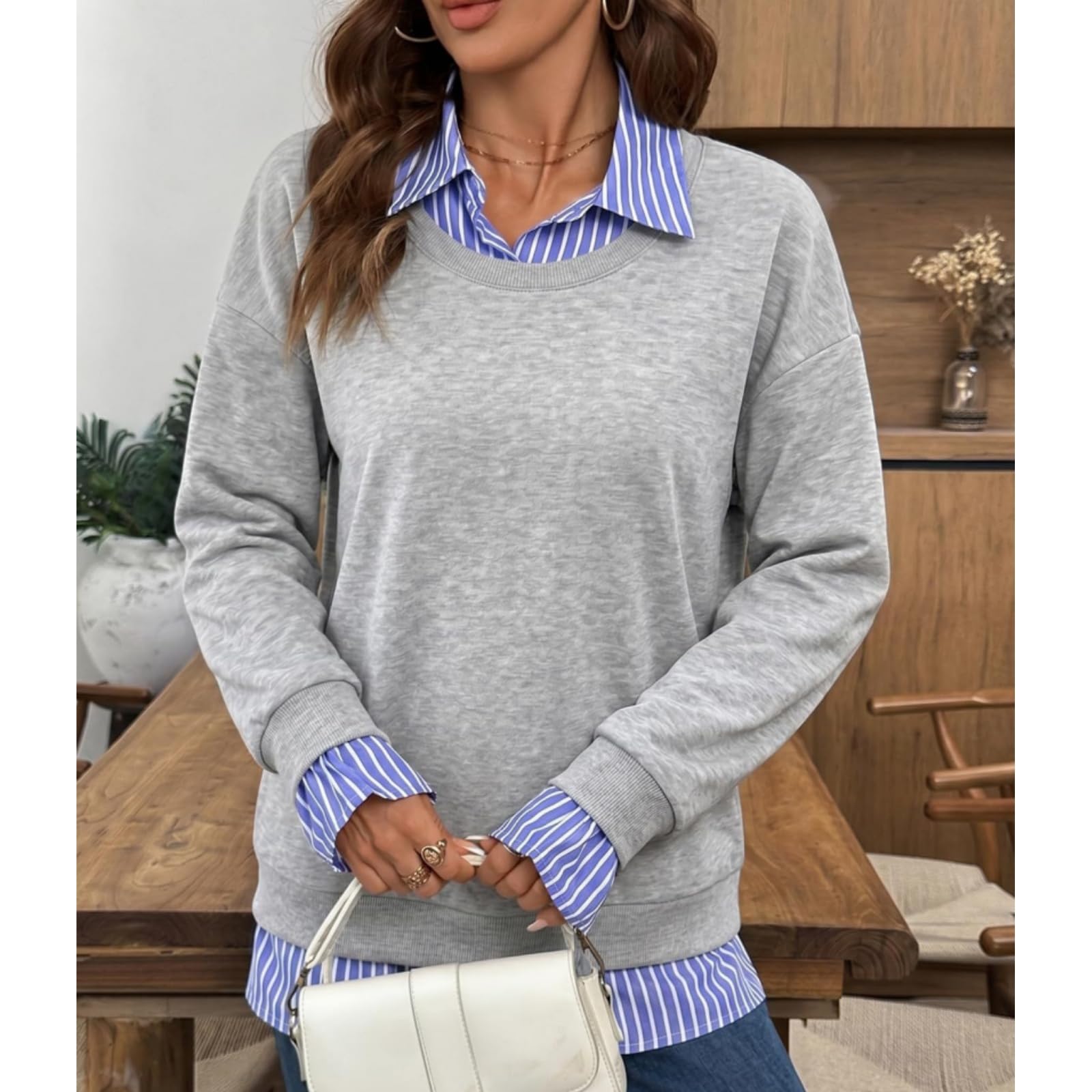 Felpe autunnali da donna – Felpa patchwork a righe con colletto