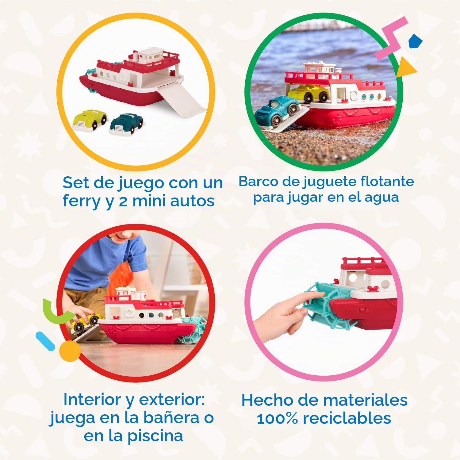 Battat - Transbordador - Ferry y carros - 2 Mini Coches de Juguete - Juguete de Piscina y baño para niños pequeños - 12 Meses +