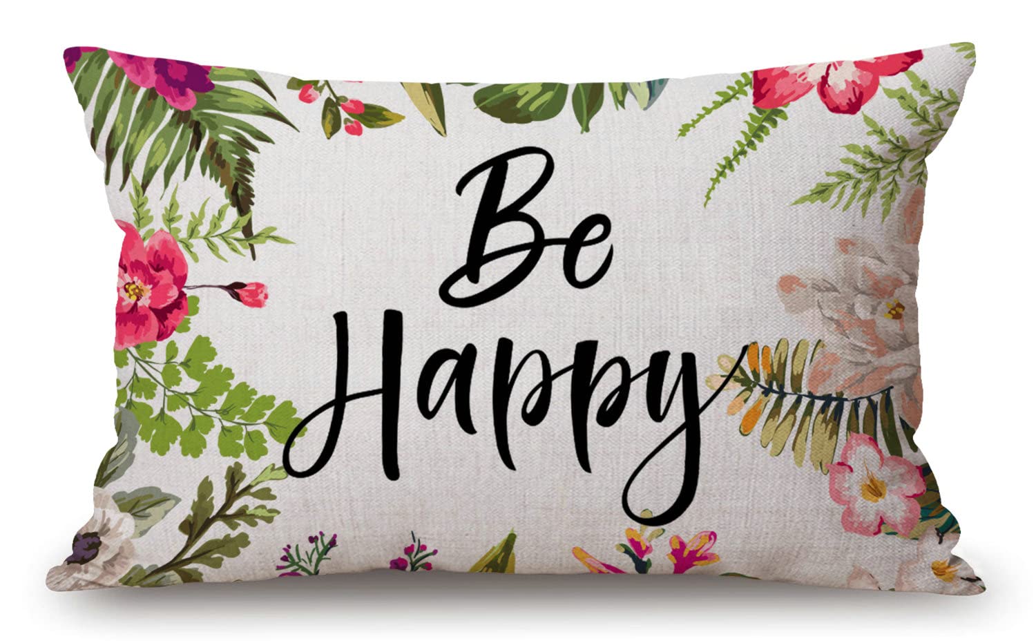Solekla Jcp20 12X20 Inches Pillow Covers Rustic Farmhouse Decor Be Happy Pillowcases Cotton Linen Inspirational Quotes With Colorful Flowers Throw Pillow Case Cushion Cover For Sofa Couch Bedroom
