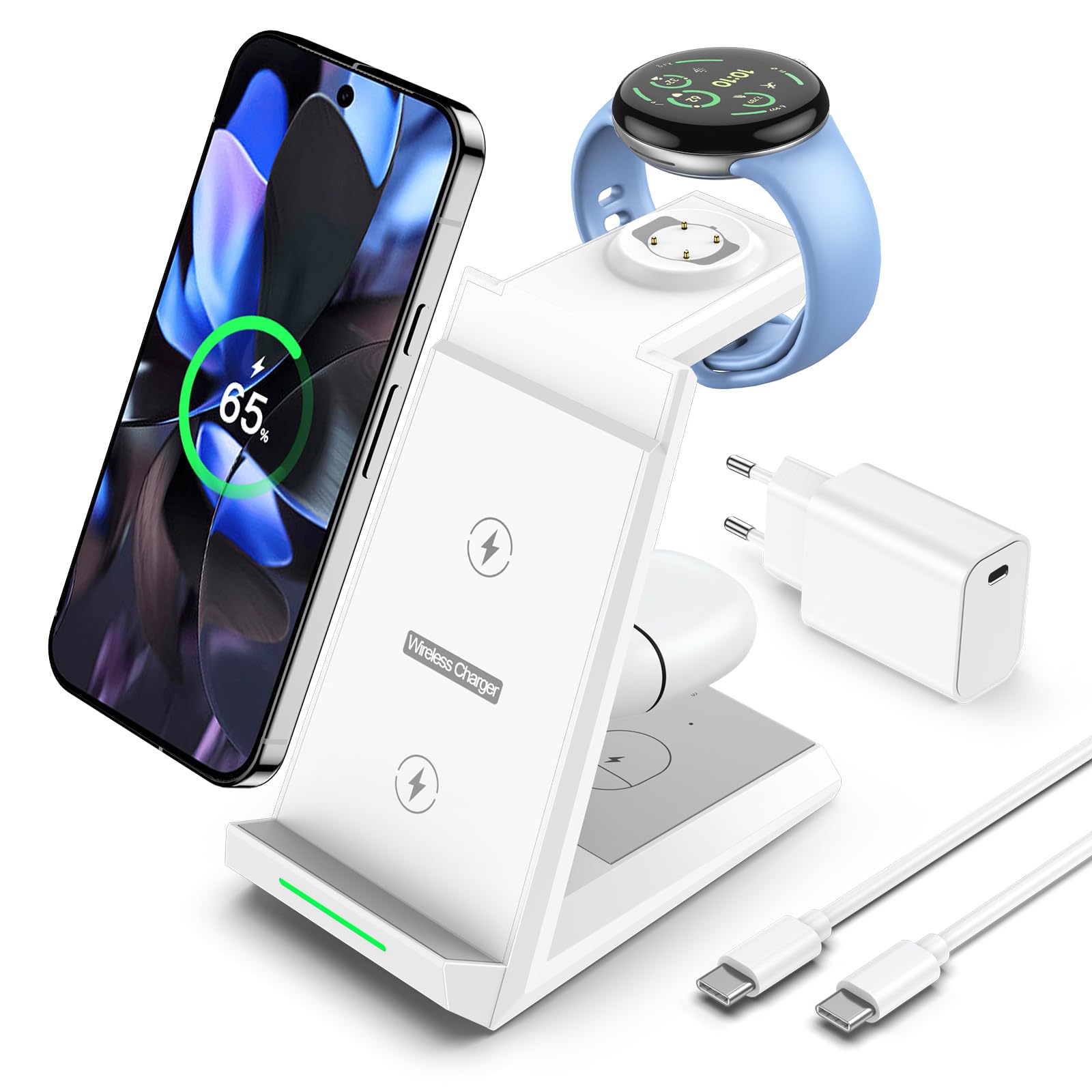 NANAMI induktive Ladestation für Google Pixel Watch 3/2/Fitbit Versa 4/3, 3 in 1 Wireless Charger für Google Pixel 10/10 Pro/9/9a/8/7, induktionsladegerät für Pixel Buds Pro 2(Not for Pixel Watch 4/1)