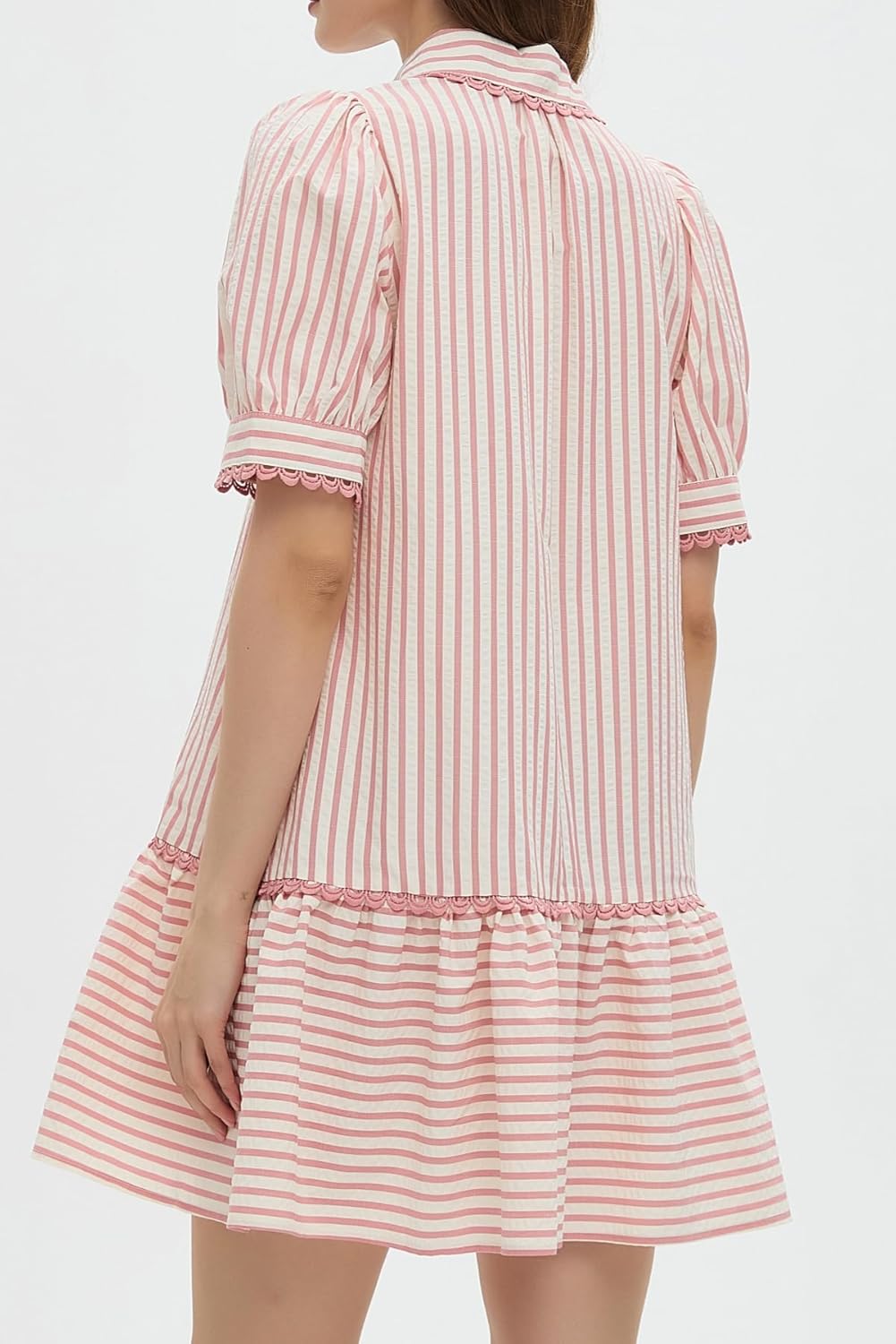 Striped Dress for Women Collared Short Puff Sleeve Ruffle Hem Summer Tunic Flowy Shirt Mini Dress - Image 4