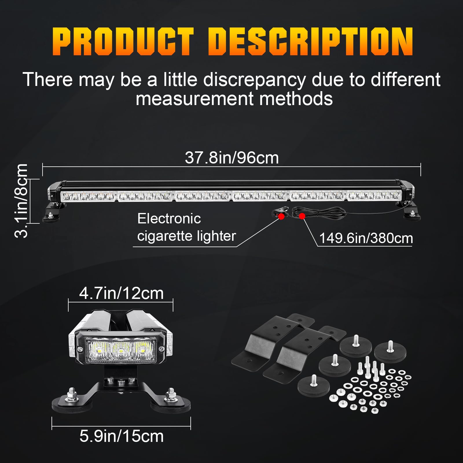 SKYWORLD Stroboskopowa migająca listwa świetlna LED, 38 cali, 96 cm, 78 diod LED, magnetyczne światła ostrzegawcze, 12 V, 24 V, do samochodu, ciężarówki, przyczepy, biało-bursztynowa