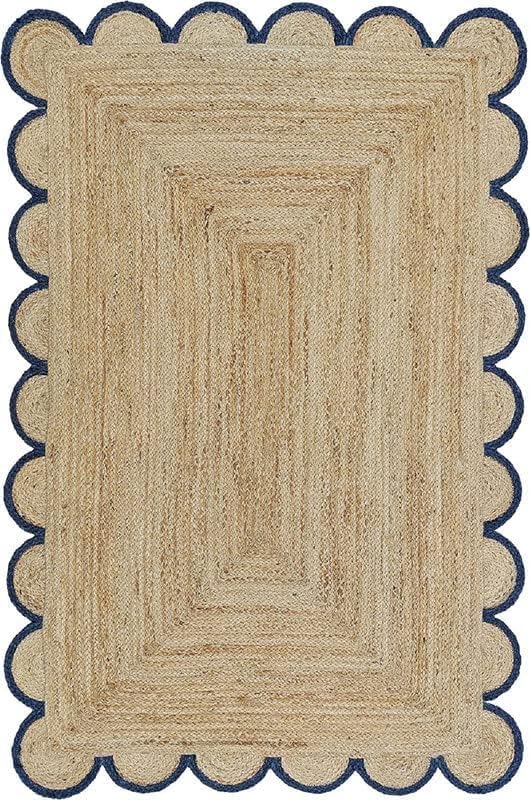 Mahima Jute Scalloped Rug Bohemian Rug Decor Rug Handwoven Rug Custom Rug Decorative Rug (Navy Blue, 2x4 ft)