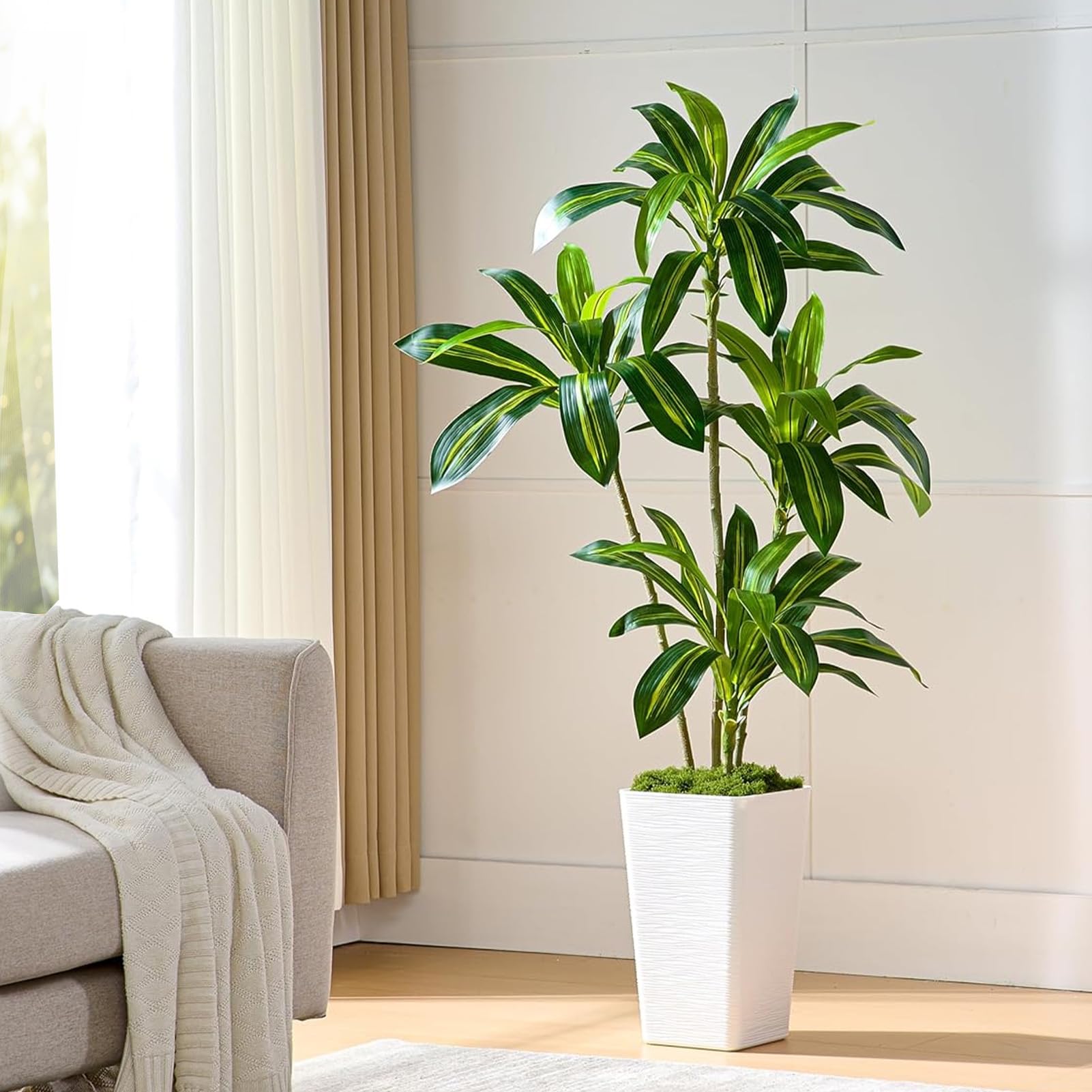 Dracaena Artificiale per Interni 150cm Albero Finto con Fioriera Bianca Alta, Pianta Finta Alta in Vaso, Pianta di Seta Artificiale per la Decorazione Della Casa, Ufficio, Soggiorno, Veranda, Patio