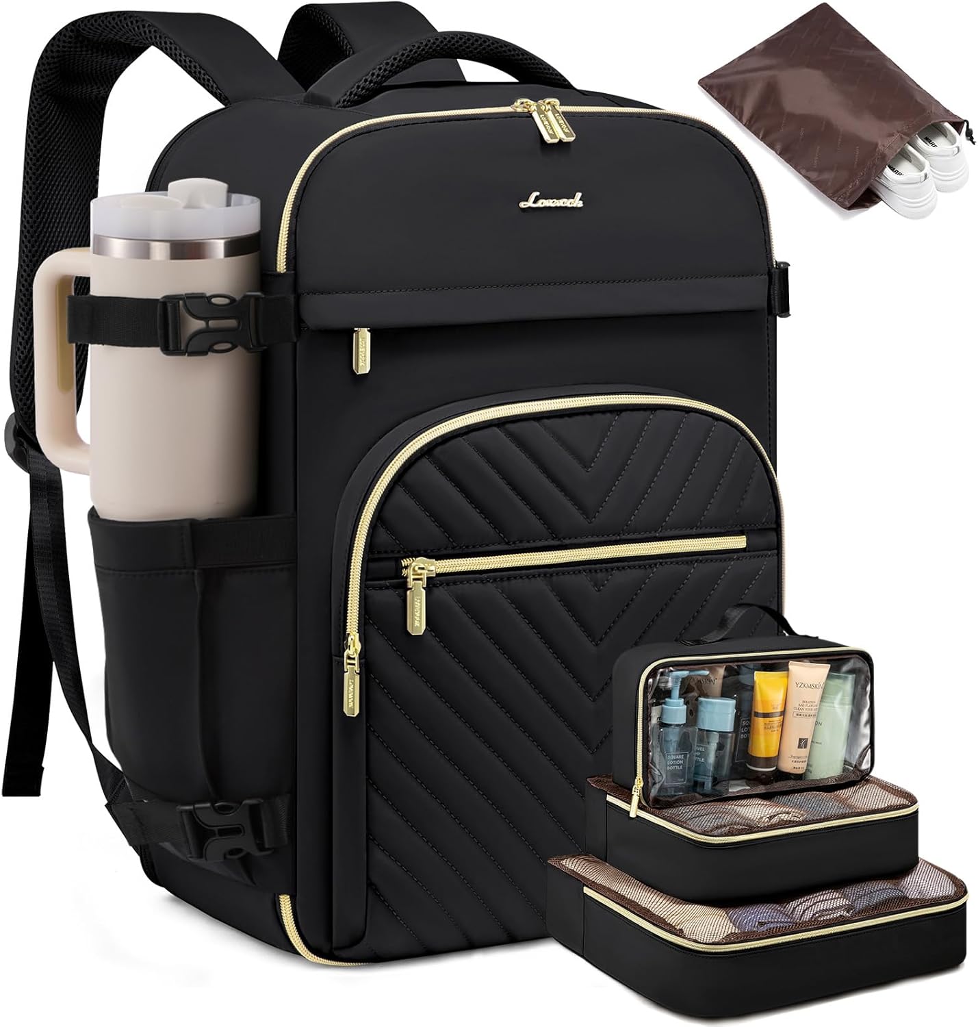 LOVEVOOK Large Travel Backpack for Women, TSA Carry on Backpack for Airplanes, 40L Personal Item Travel Bag fits 17" Laptop, Waterproof Carry on Bag Flight Approved with 4 Packing Cubes, Black