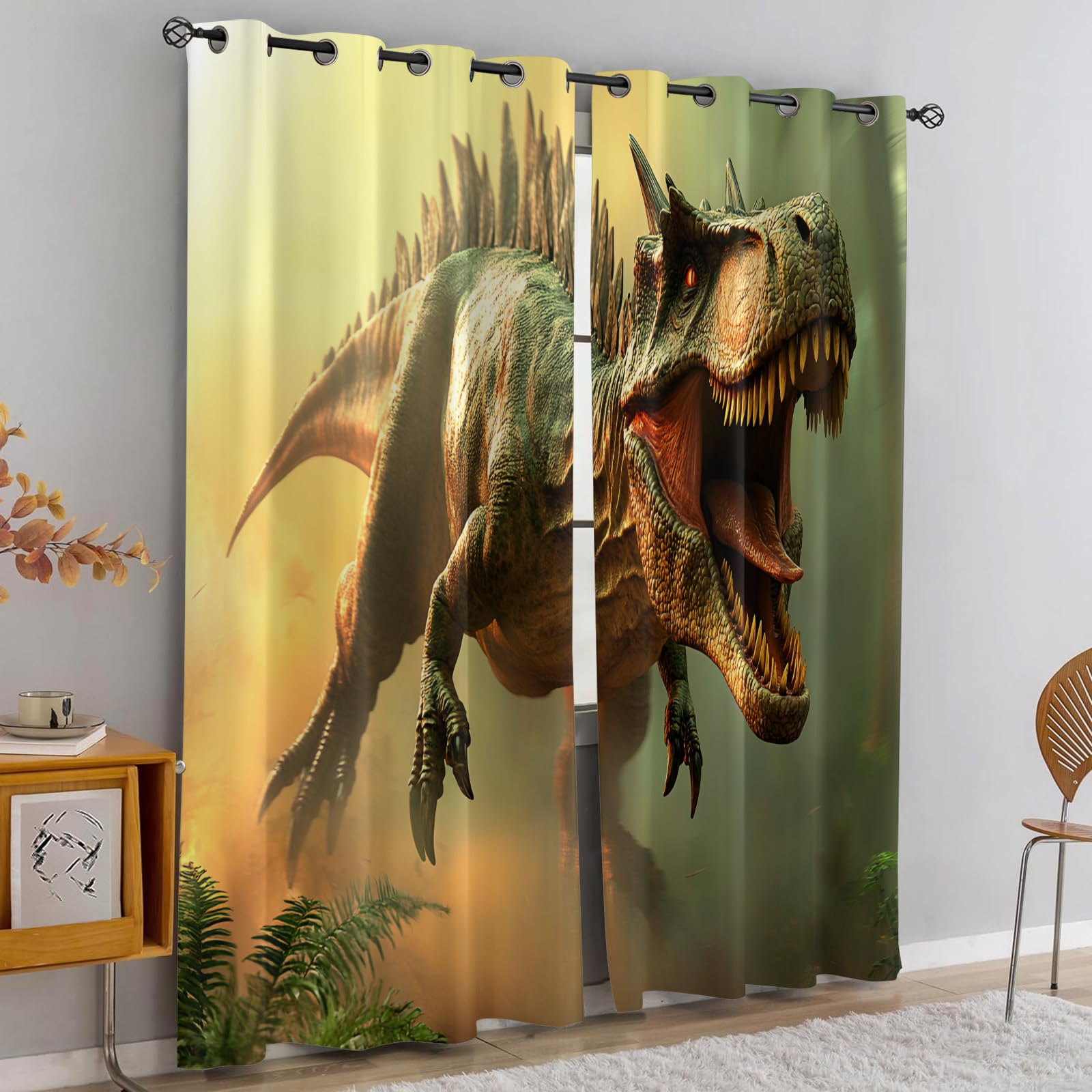 Lot de 2 rideaux occultants thermiques pour chambre à coucher, chambre d'enfant, dortoir, 117,1 x 160 cm, motif dinosaures anciens