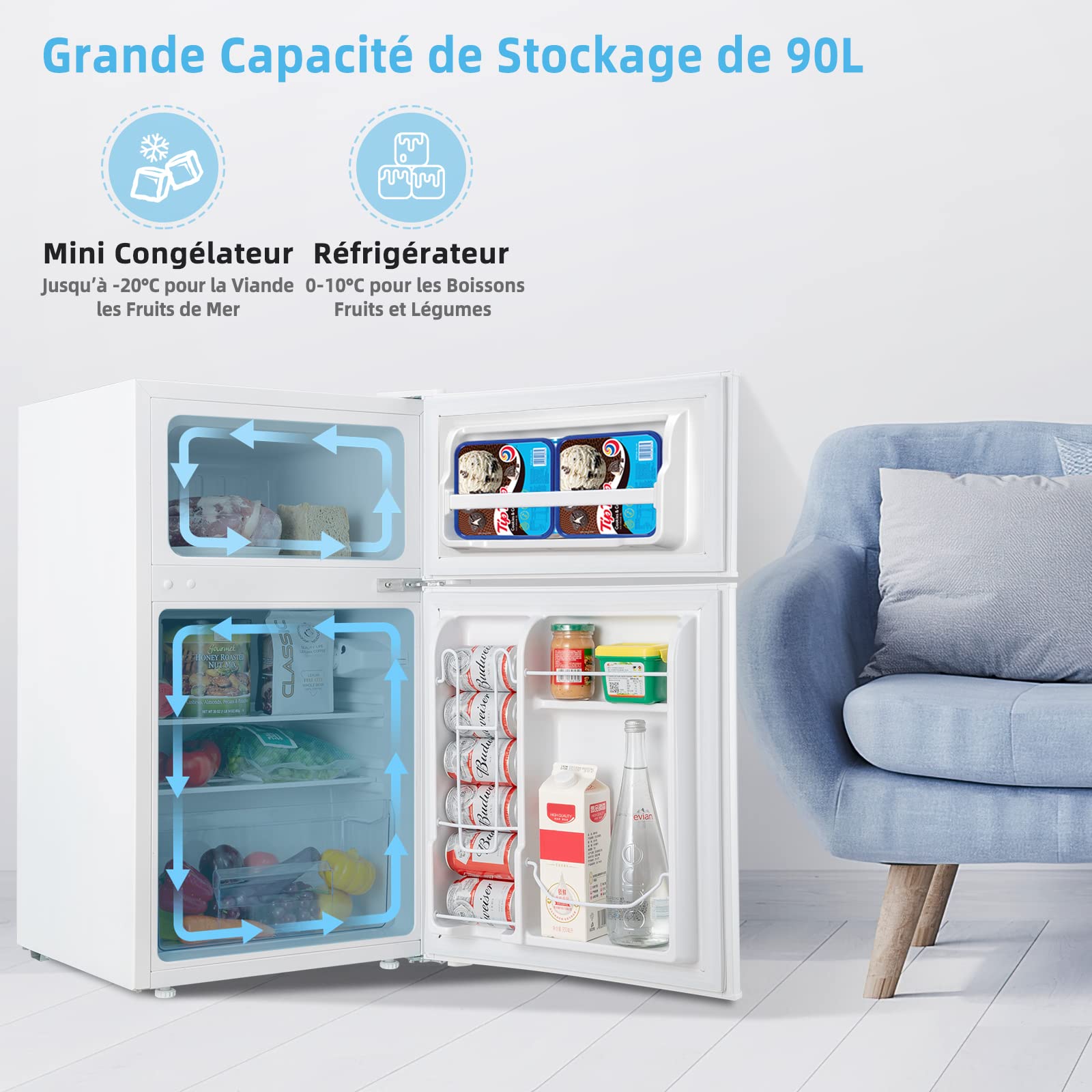 COSTWAY Réfrigérateur à Double Porte 90 L, Réfrigération Rapide, Économie d'énergie, Réfrigérateur en Métal avec 7 Niveaux de Température, 48,5 x 49,5 x 86 cm (Blanc)
