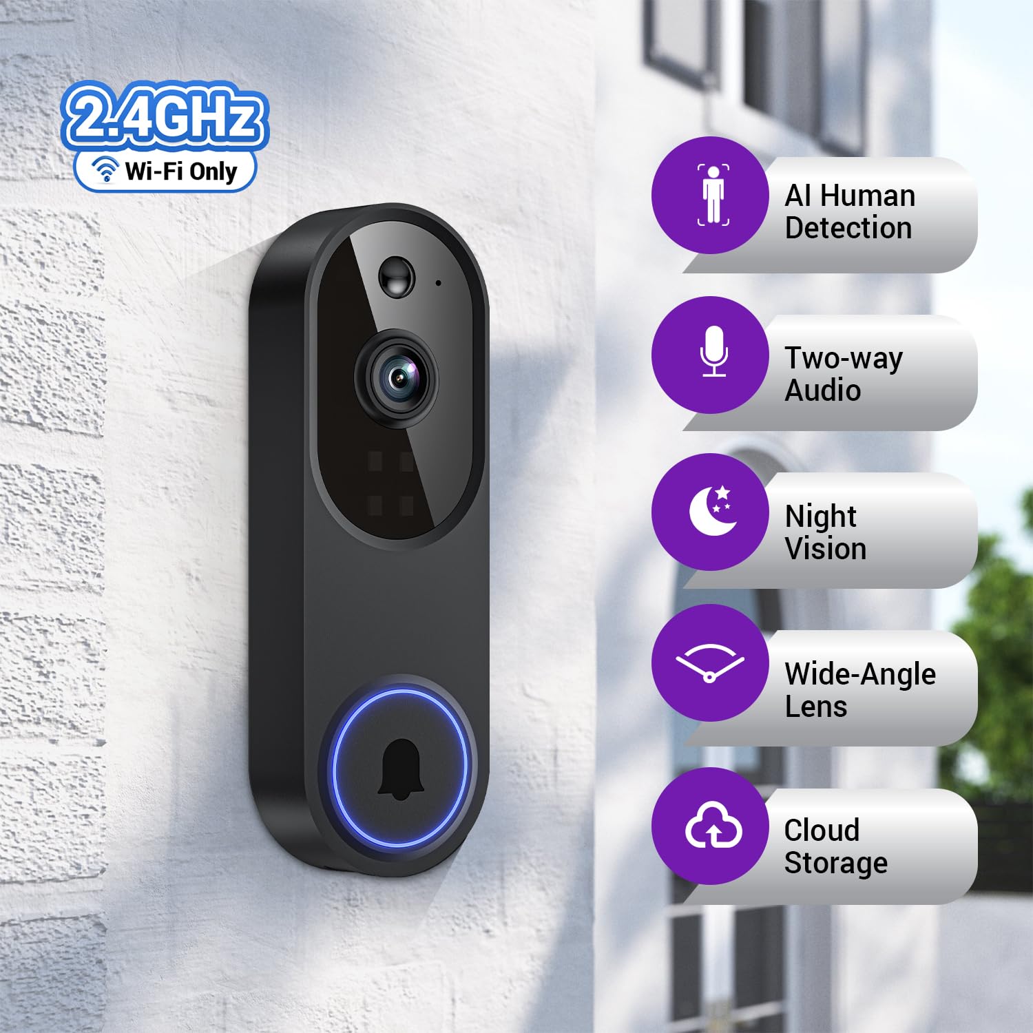 1080p Smart Video Doorbell Camera with AI Motion Detection Night Vision Cloud Storage 2 Way Audio Battery Powered — view 2