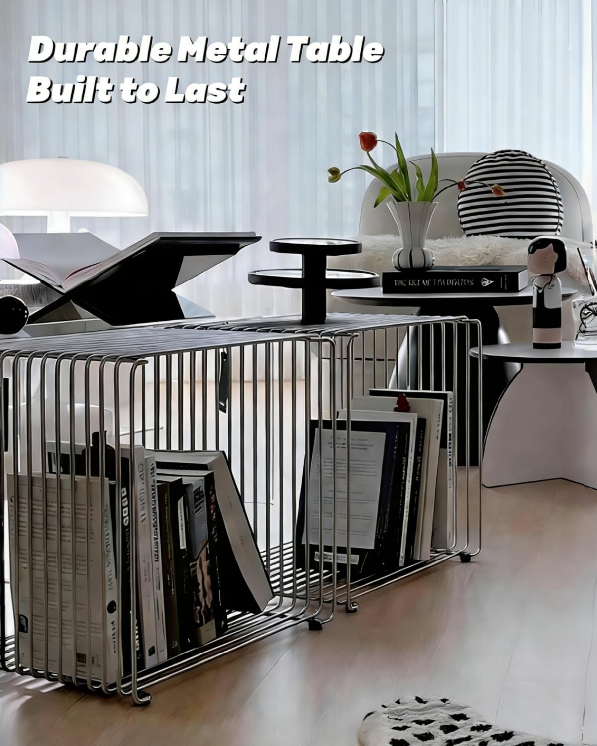 Square Metal Side Table, Small Silver End Table and Nightstand with Magazine Storage, Powder-Coated Iron with Stainless Steel-Inspired Look, Freestanding or Wall Mounted