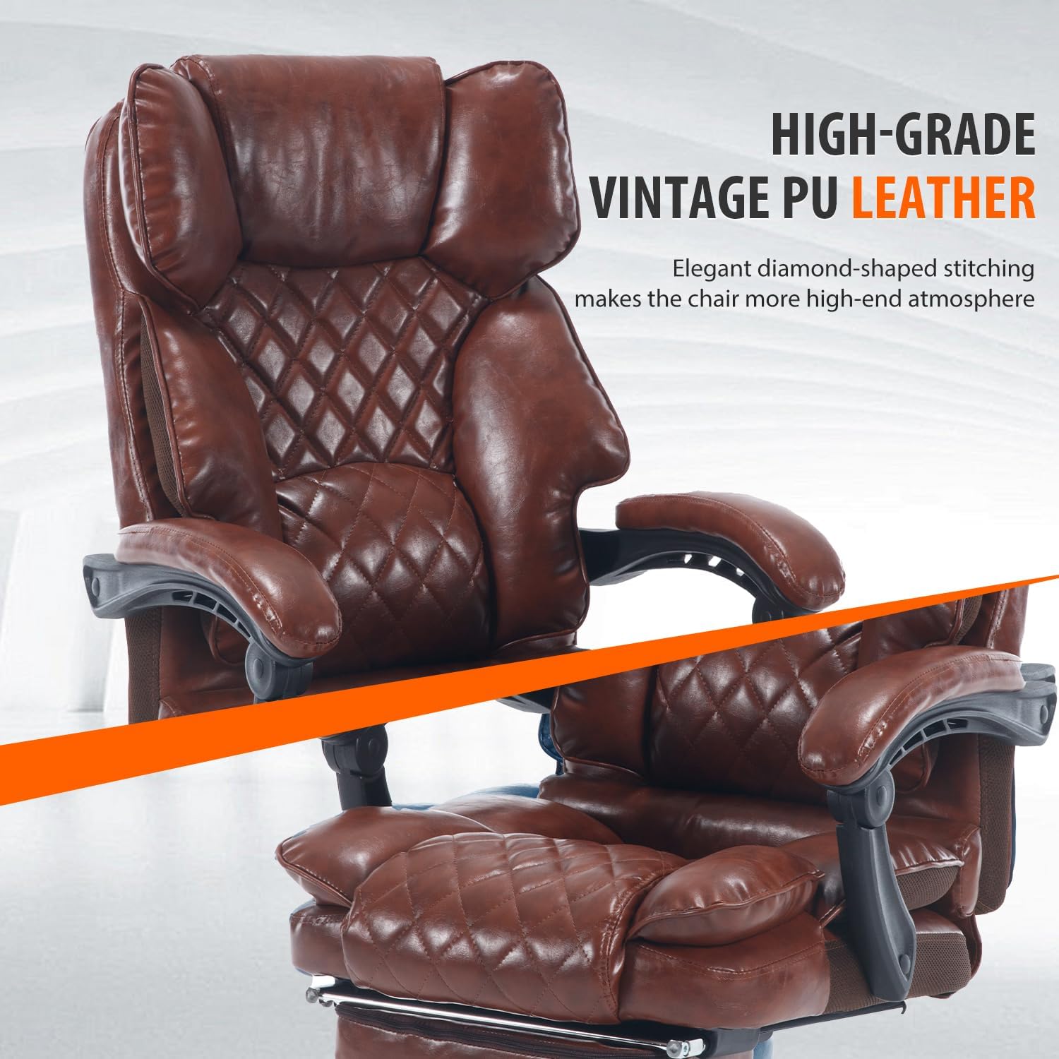 Big Tall Reclining Executive Office Chair with Footrest, 400lbs Ergonomic Recliner Desk Chairs with Lumbar Support, Heavy Duty High Back Vintage Leather Computer Chair with Wheels, Brown