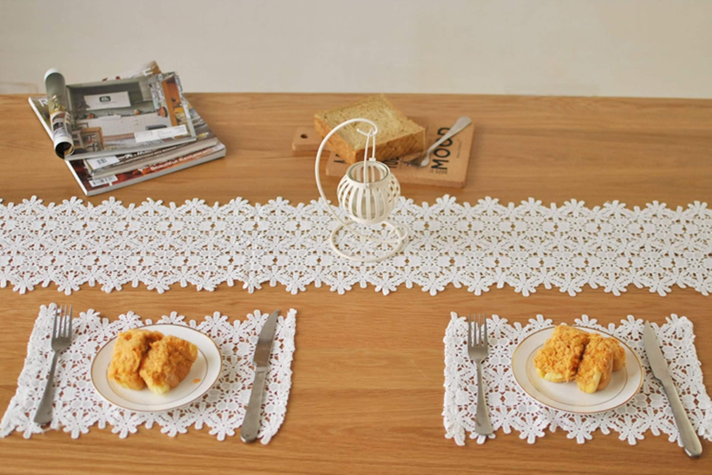Outdoor Table Runner, 22x160cm Blanco Patrón de Flor Hueca Poliéster Decoración Centro de Mesa Salon