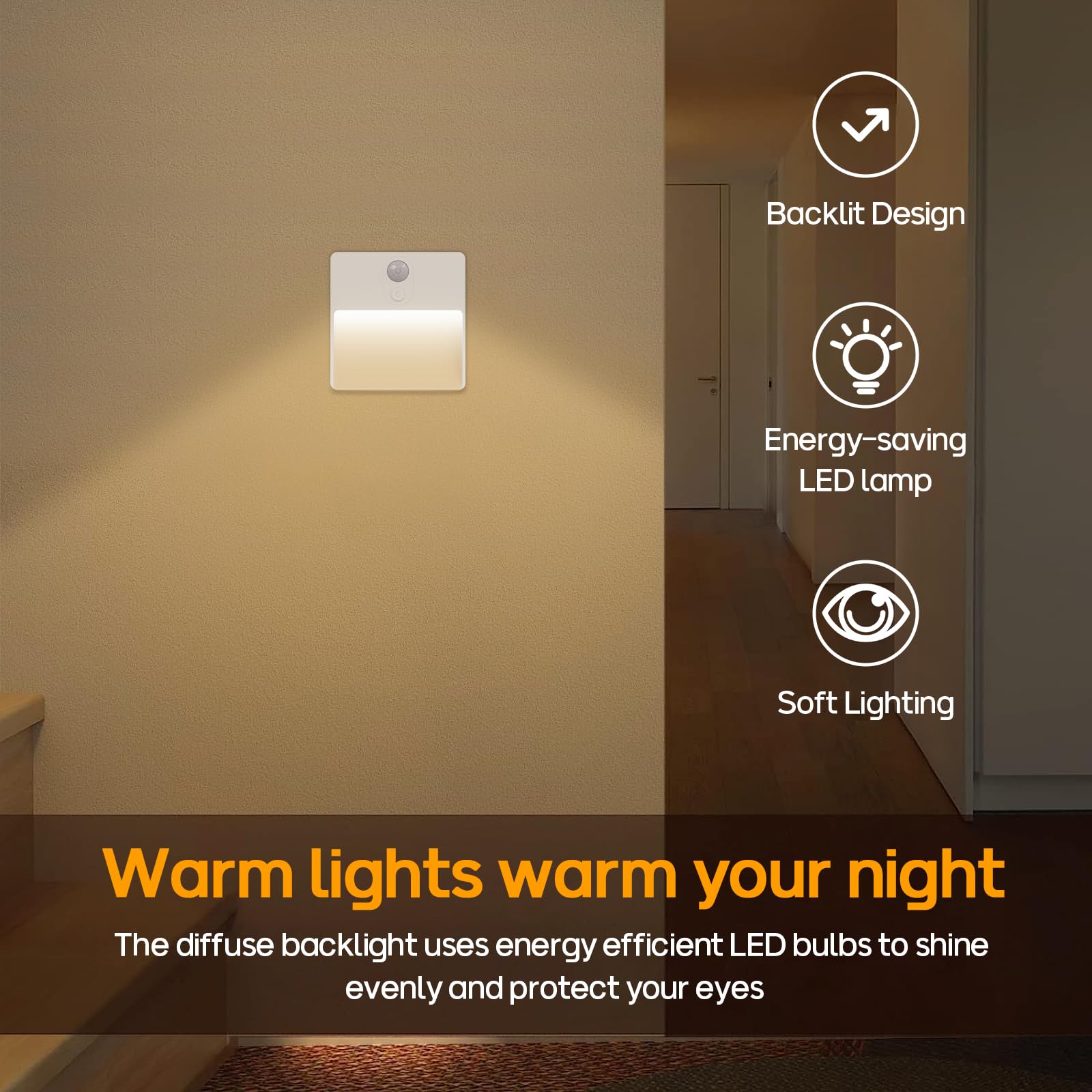 AGOTD Lampka nocna z czujnikiem ruchu, oświetlenie schodów LED, ciepła biel, zmiana koloru RGB, z baterią, automatyczne włączanie/wyłączanie, do pokoju dziecięcego, 2 sztuki