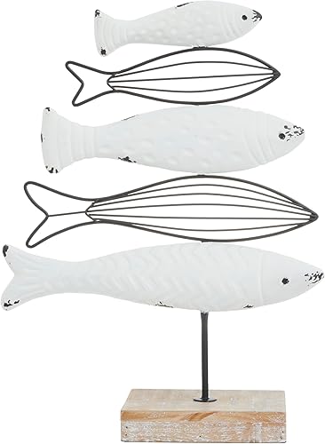 Miniatura 8 de Deco 79 Polystone - Escultura decorativa de peces tribales con detalles tallados blancos y detalles de espejo, juego de 2 figuras de acento de 14