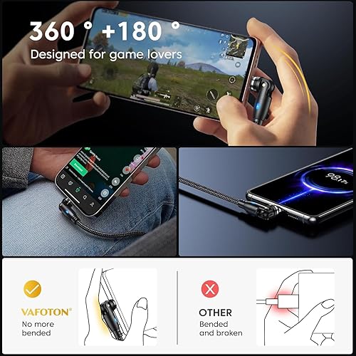 Miniatura 5 de VAFOTON Paquete de 3 cables de carga magnéticos USB (3.3+3.3+6.6 pies), cable de carga magnético giratorio de 540 con transferencia de datos, cable