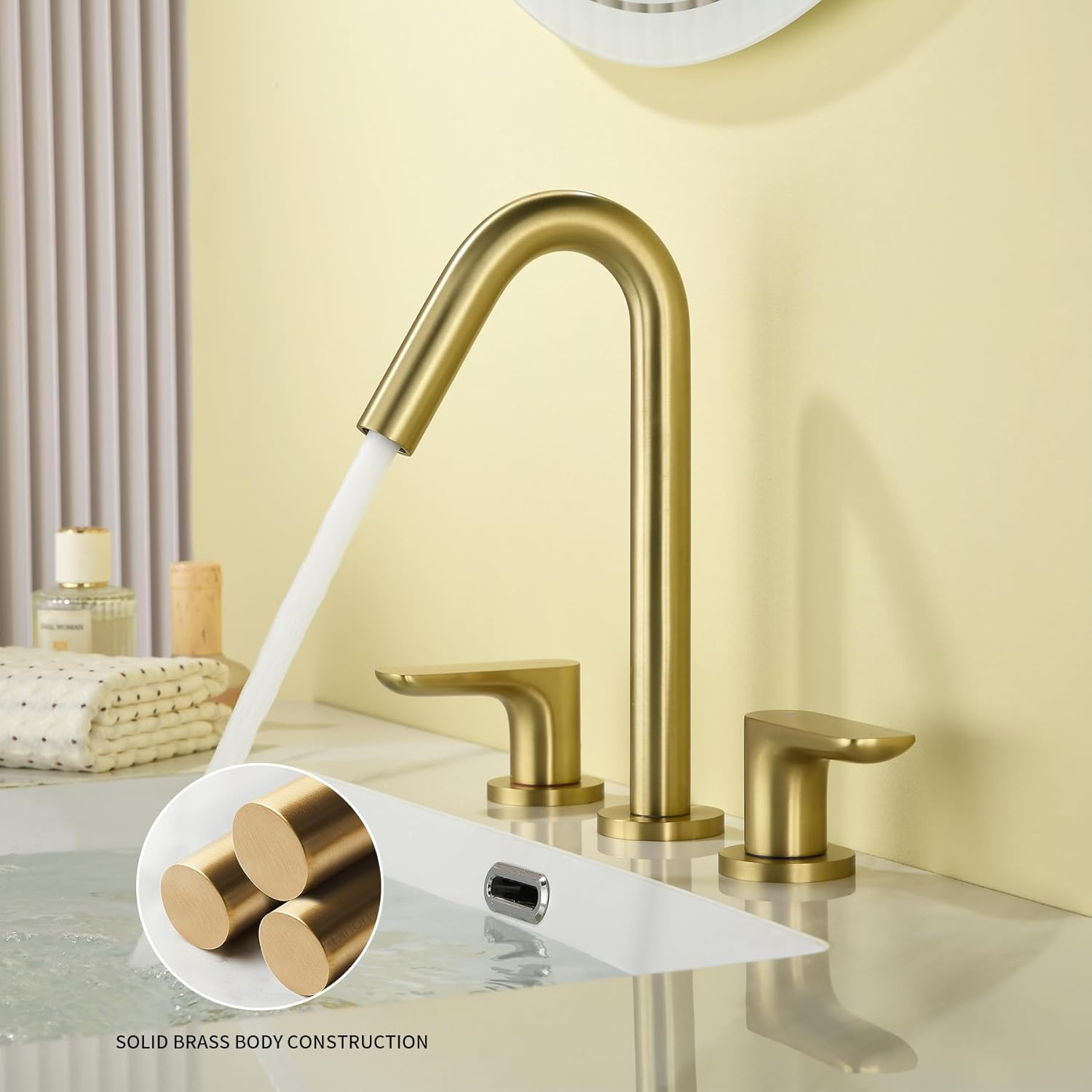 Evangeline 8 Inch Widespread Bathroom Sink Faucet 3 Hole Vanity Basin Mixer Tap Brushed Gold Deck Mount Lavatory Basin Faucet