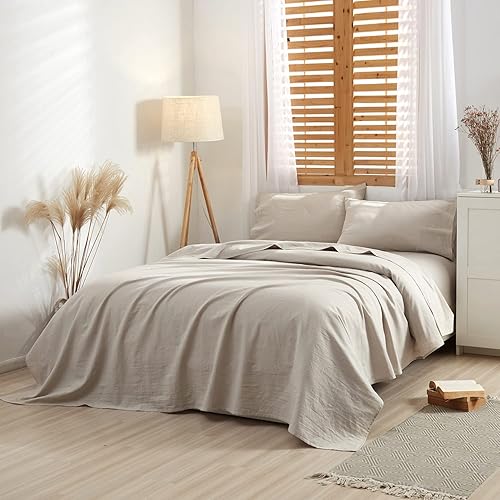 Miniatura 3 de HYPREST Sábanas de 100 % lino lavado, tamaño Queen, 4 piezas, súper suaves, transpirables, duraderas, de lino natural de lujo, con bolsillo