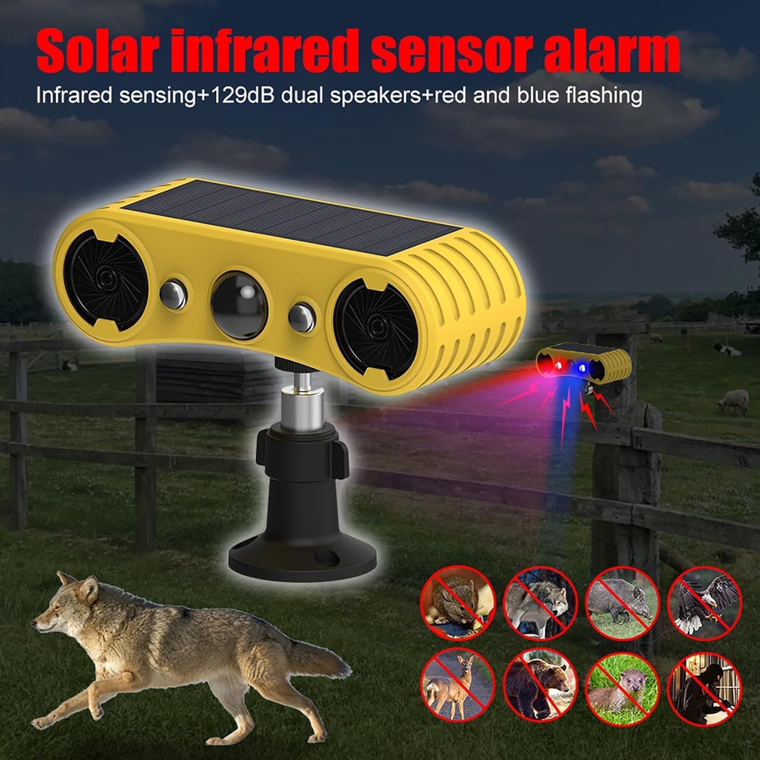 Alarma solar con sensor de movimiento – 13 sonidos, alarma de doble altavoz de 129 dB + LED rojo y azul parpadeante advertencia para patio, granja, jardín, huerto, granero (paquete de 2)
