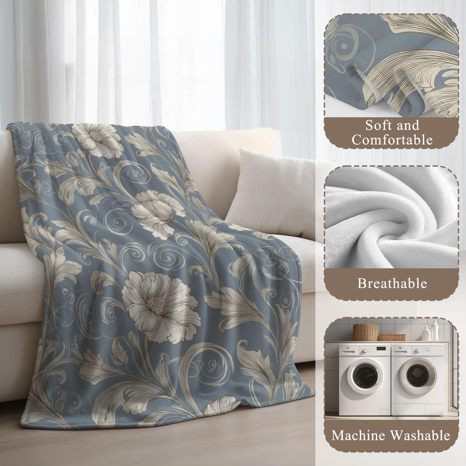 Générique Beżowy niebieski koc flanelowy z motywem vintage, eleganckie kwiaty, narzuta na łóżko, sofę, wystrój pokoju dziecięcego 180 cm x 200 cm