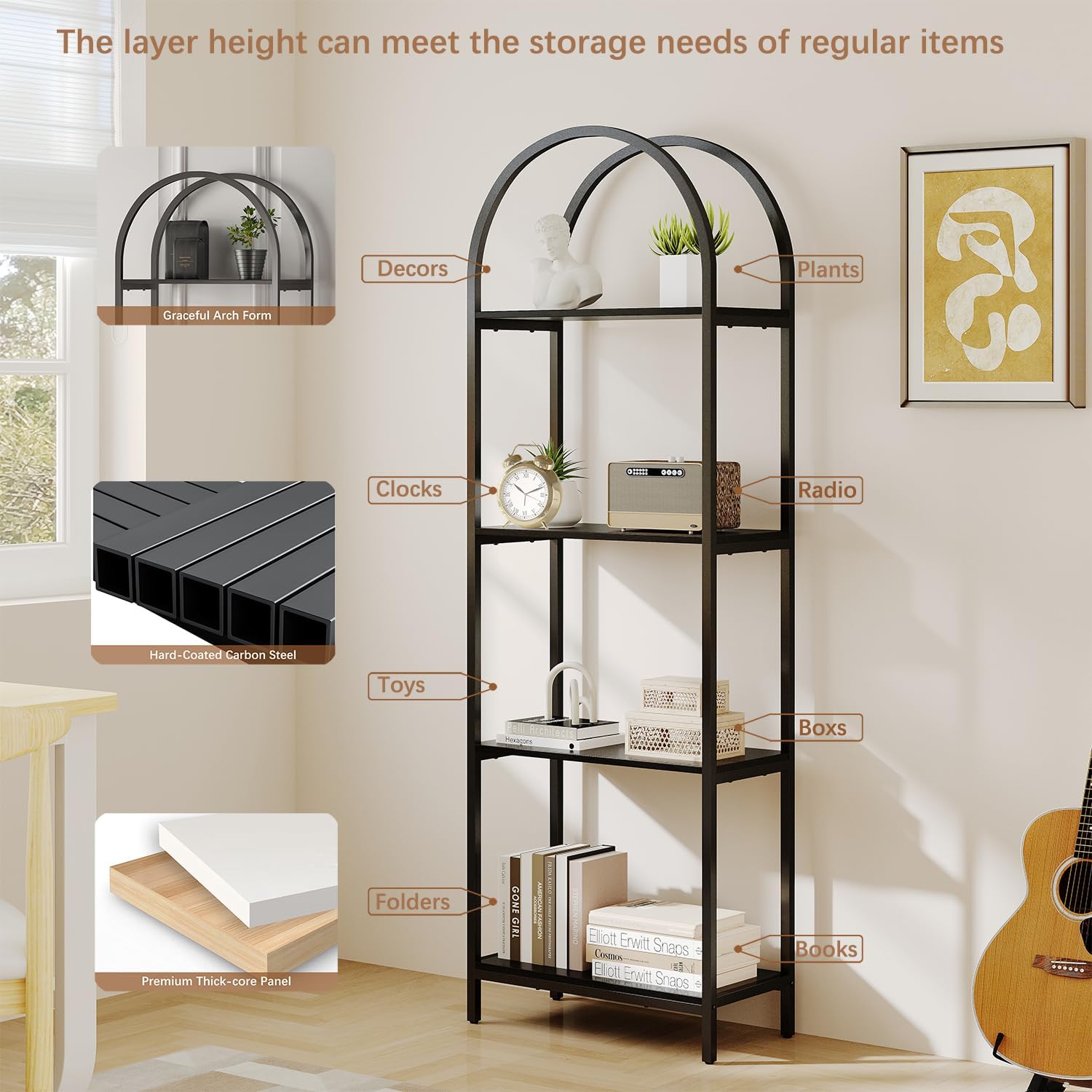 Bookshelf Arched Bookcase, 4 Tier Open Shelves with Metal Frame, Tall Freestanding Display Shelf for Home Office, Living Room,Easy Asssemble, Black