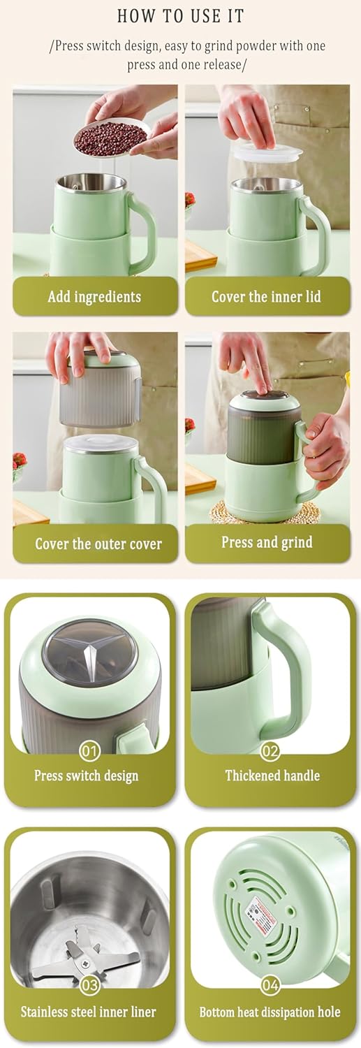 Multi functional grinder, Household silent small grinding machine,Used for crushing and grinding baby food/seasonings/coffee/whole grains, 800ml Capacity, Dry & Wet Use (Green (3 sets of knives))