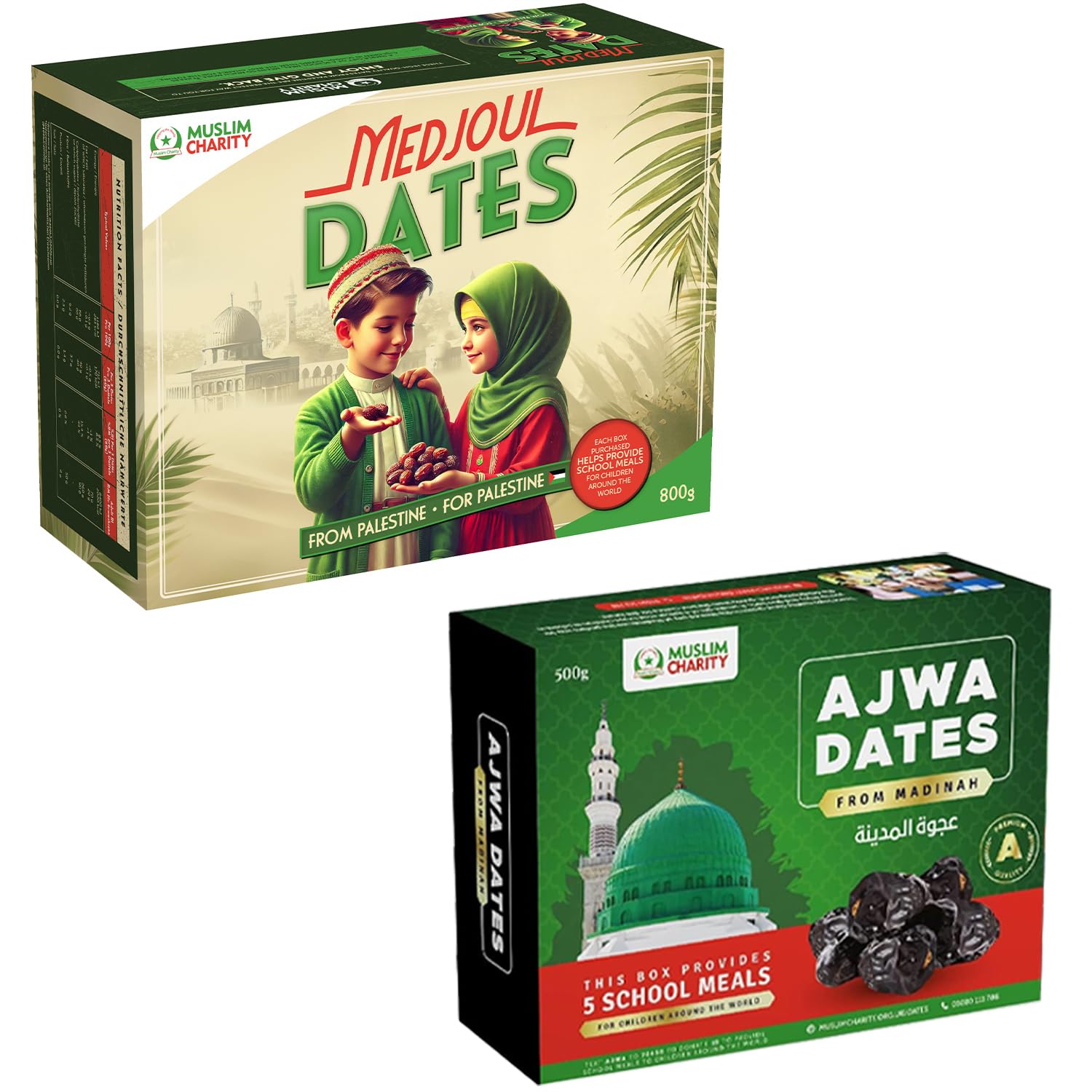 Muslim Charity Bundle of 800g Palestinian Medjool Dates and 500g Ajwa Dates from Madinah - All Natural Vitamin Rich Delicious Dates Delights