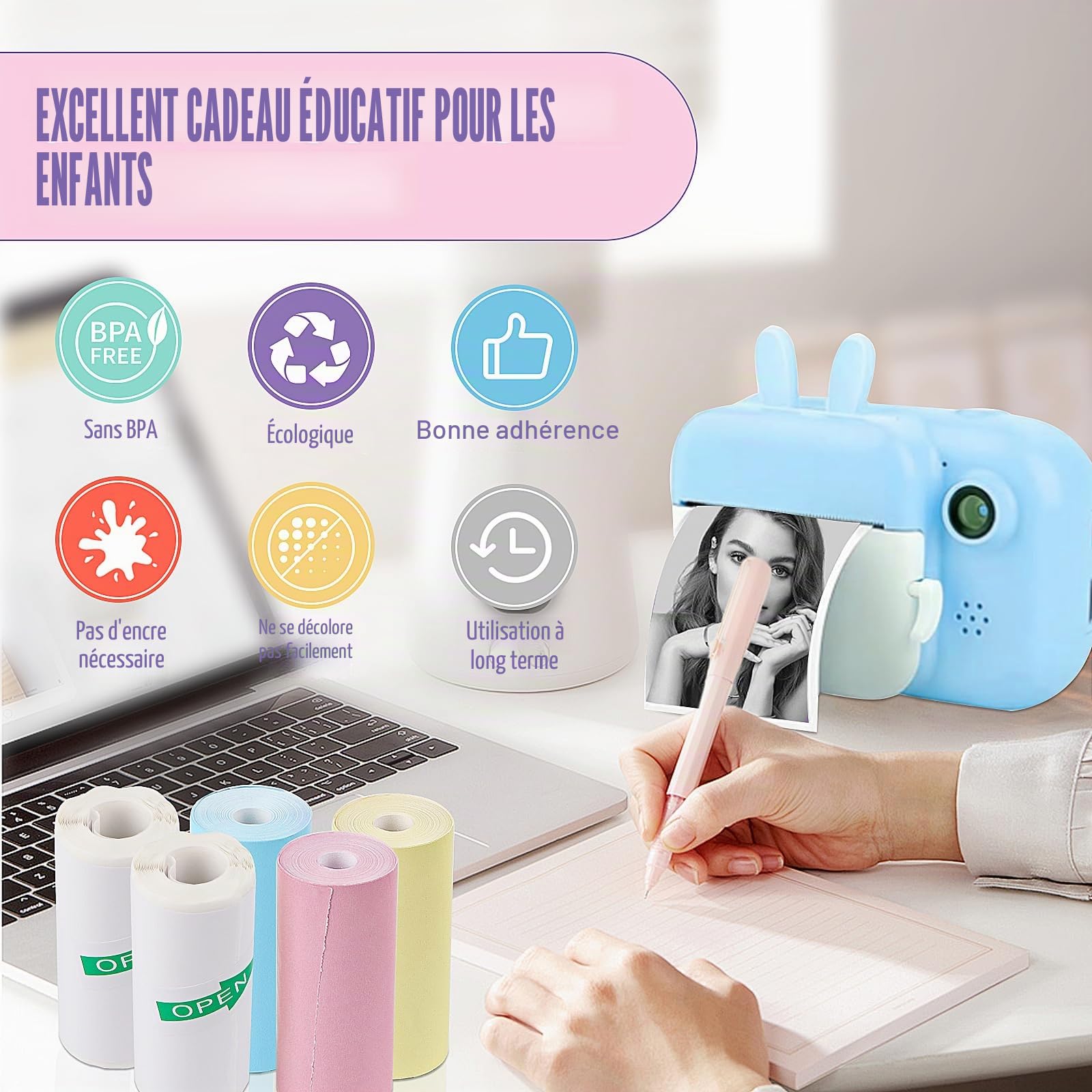 Lot de 20 rouleaux d'autocollants pour mini imprimante, papier thermique blanc et multicolore pour appareil photo enfant