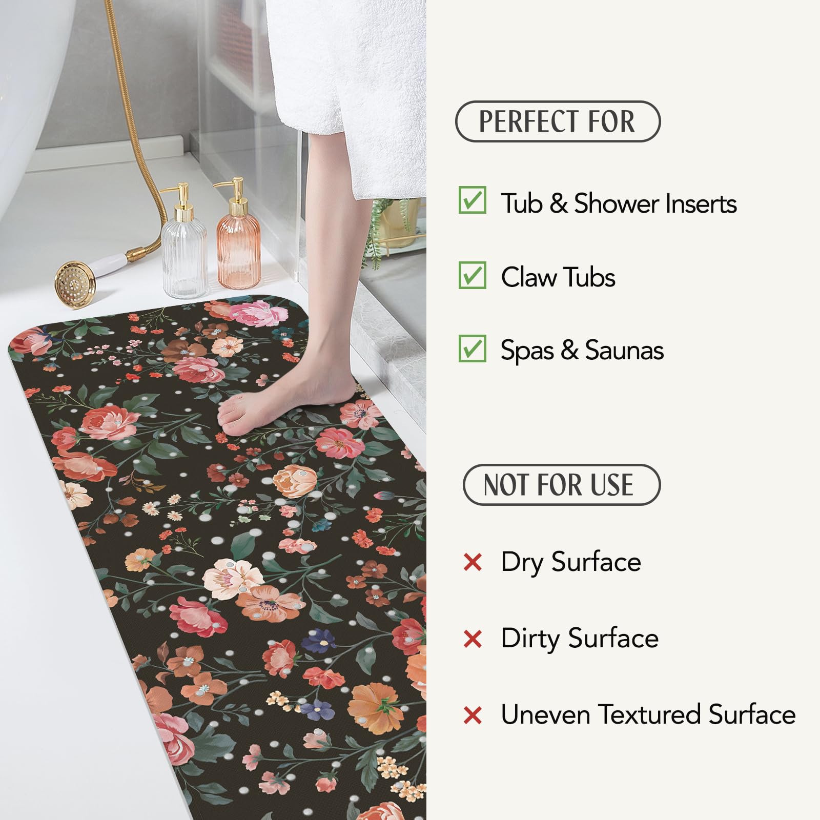 SHUCHING Alfombra Bañera Antideslizante Flores Retro 100 X 40 cm | Alfombra Ducha Antideslizante, Alfombrilla Baño Antideslizante Bañera, Antimoho y Antibacteriana, Sin BPA