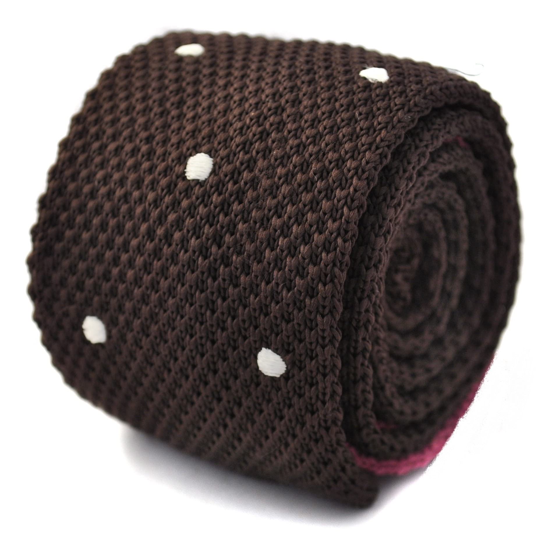 Frederick Thomas Knitted Silk Mens Tie - Dark Chocolate Brown - Polka Dot Skinny