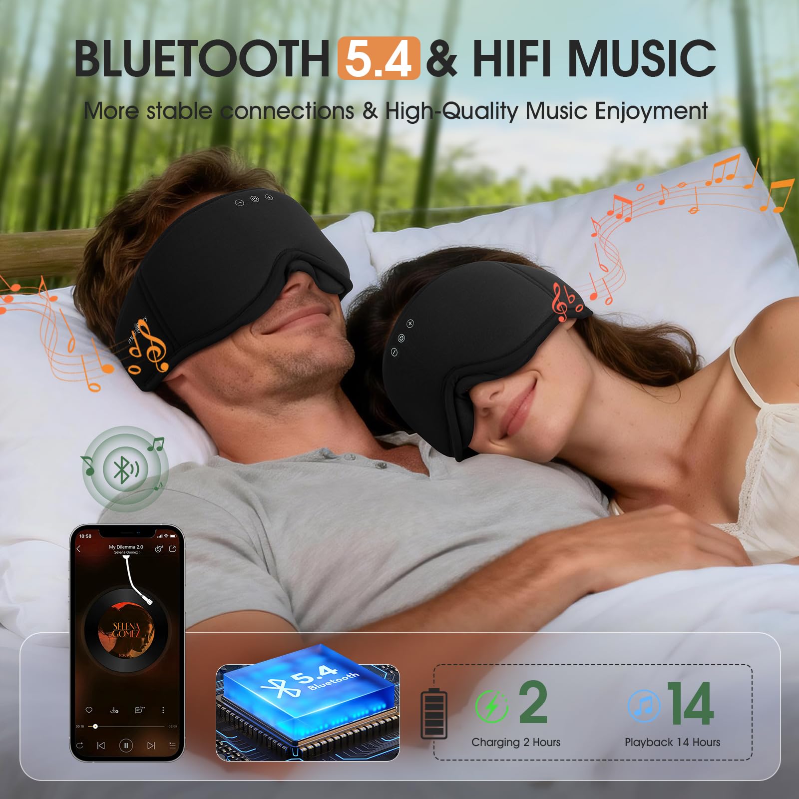 MUSICOZY - Antifaz para dormir con auriculares de algodón de bambú 3D, máscara para dormir con Bluetooth, máscara inalámbrica con auriculares para dormir de lado, presión cero 100 % opacidad ligera