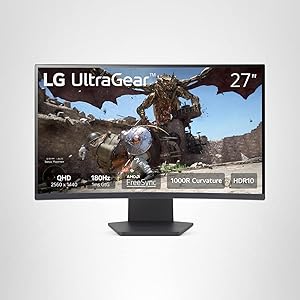 LG 27GS60QC-B Ultragear Curved Gaming Monitor 27-Inch QHD (2560x1440) 180Hz 1ms 1000R AMD FreeSync HDR10 HDMIx2 DisplayPort Borderless Design Black Stabilizer DAS Crosshair FPS Counter - Black