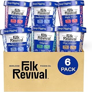 Folk Revival Variety Pack Keto Instant 'Oatmeal' - 20g of Protein, Low Carb, High Fiber, 2 Blueberry, 2 Maple Walnut, 1 Chai Almond, 1 Original - 6 Cups Per Case