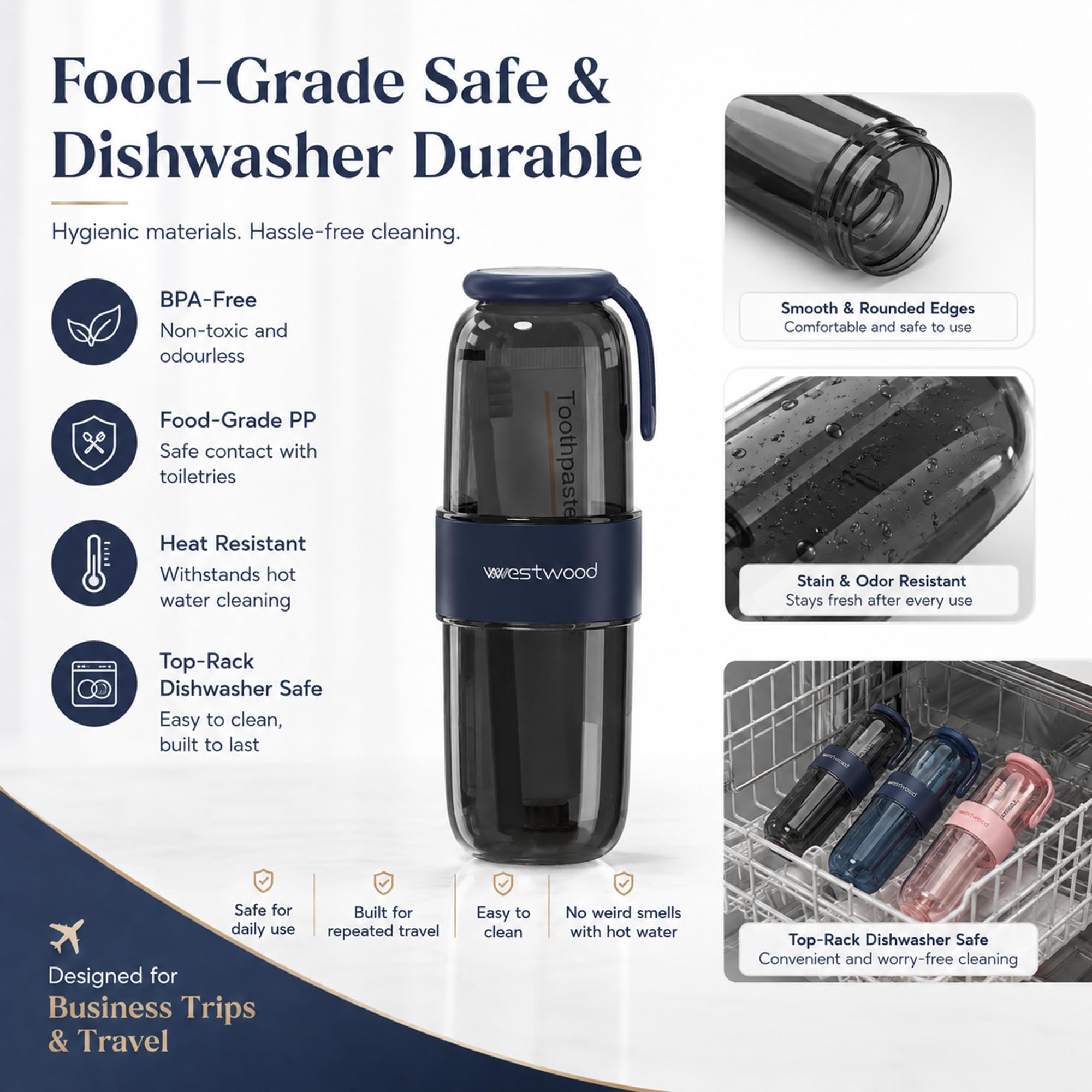 HyJeryty Estuche de plástico negro de lujo para cepillo de dientes de viaje con tapa, vaso portátil para cepillo de dientes de viaje, contenedor de almacenamiento para escuela, camping, viaje de
