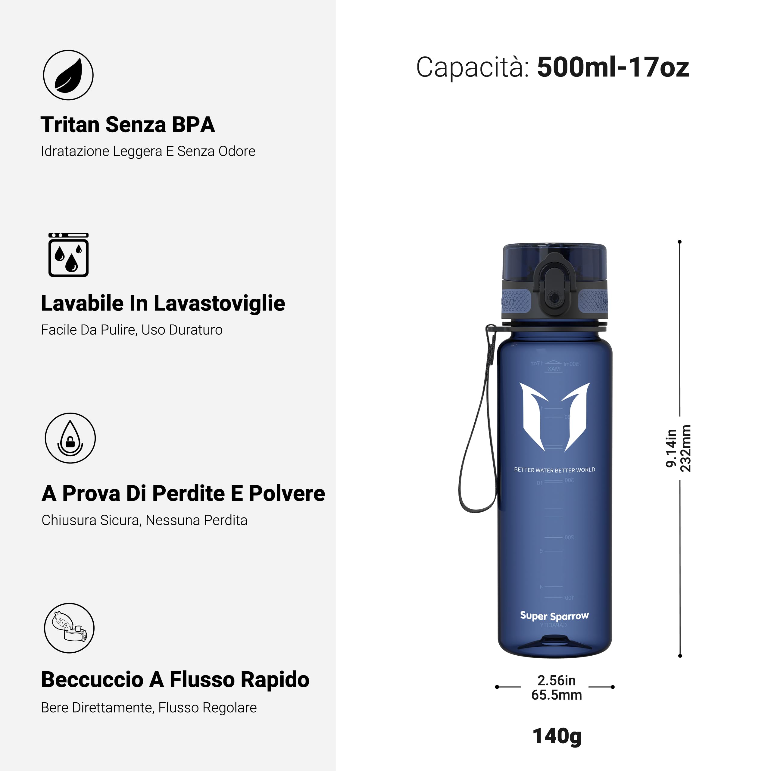 Super Sparrow Borraccia Sportiva & Bottiglia Bambini Senza Perdite - 350ml/500ml/750ml/1L/1.5L - Senza BPA