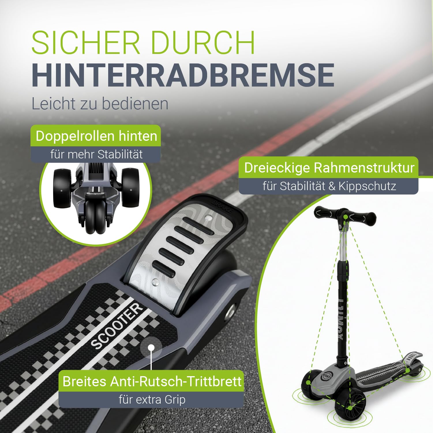 JUSKYS® Kinderroller Lumox Schwarz/Rosa/Blau - LED-Rollen, höhenverstellbarer Kinderscooter, klappbar & Hinterradbremse, Dreiradscooter