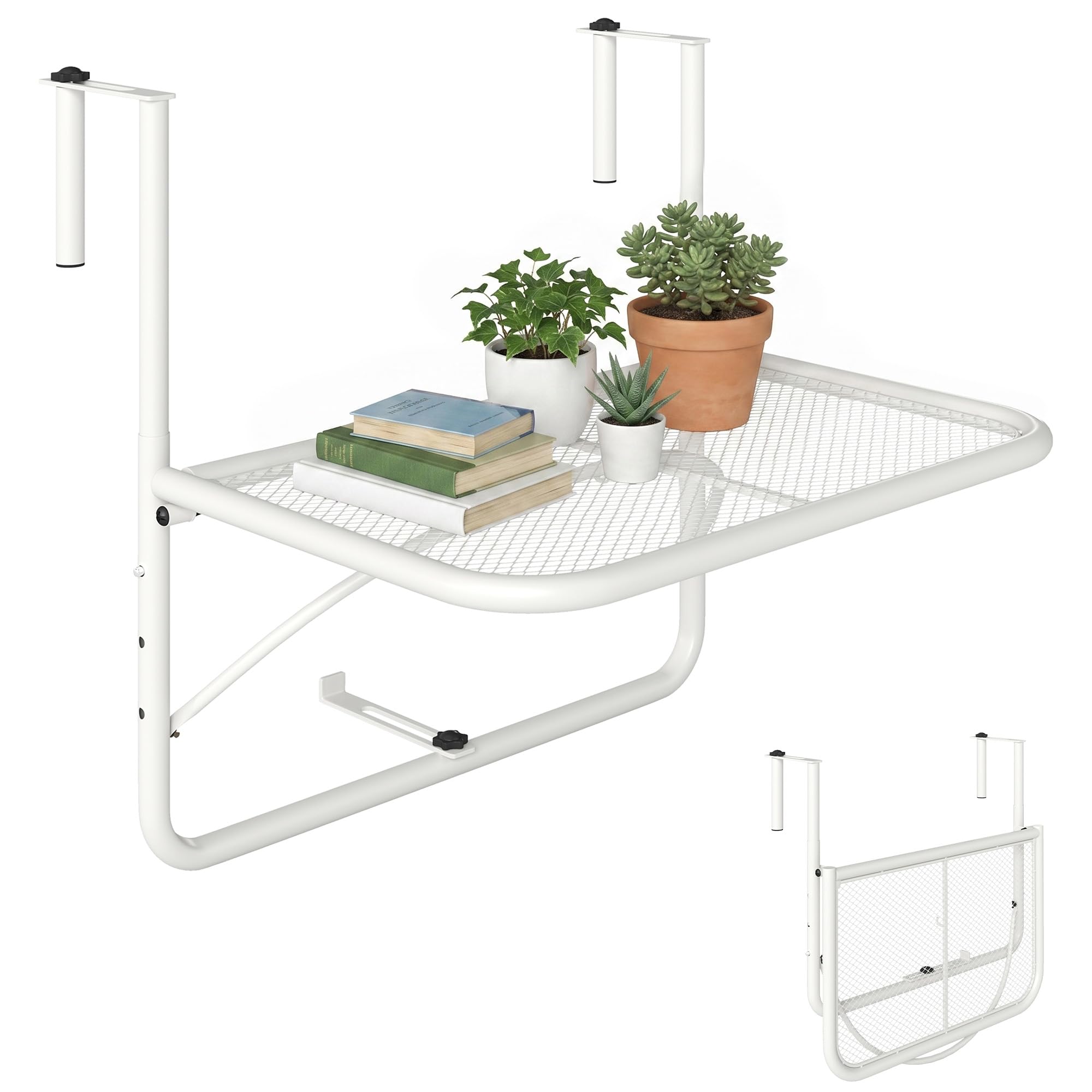 Outsunny Table Suspendue réglable pour Rampe de Balcon, Rectangle, Blanc