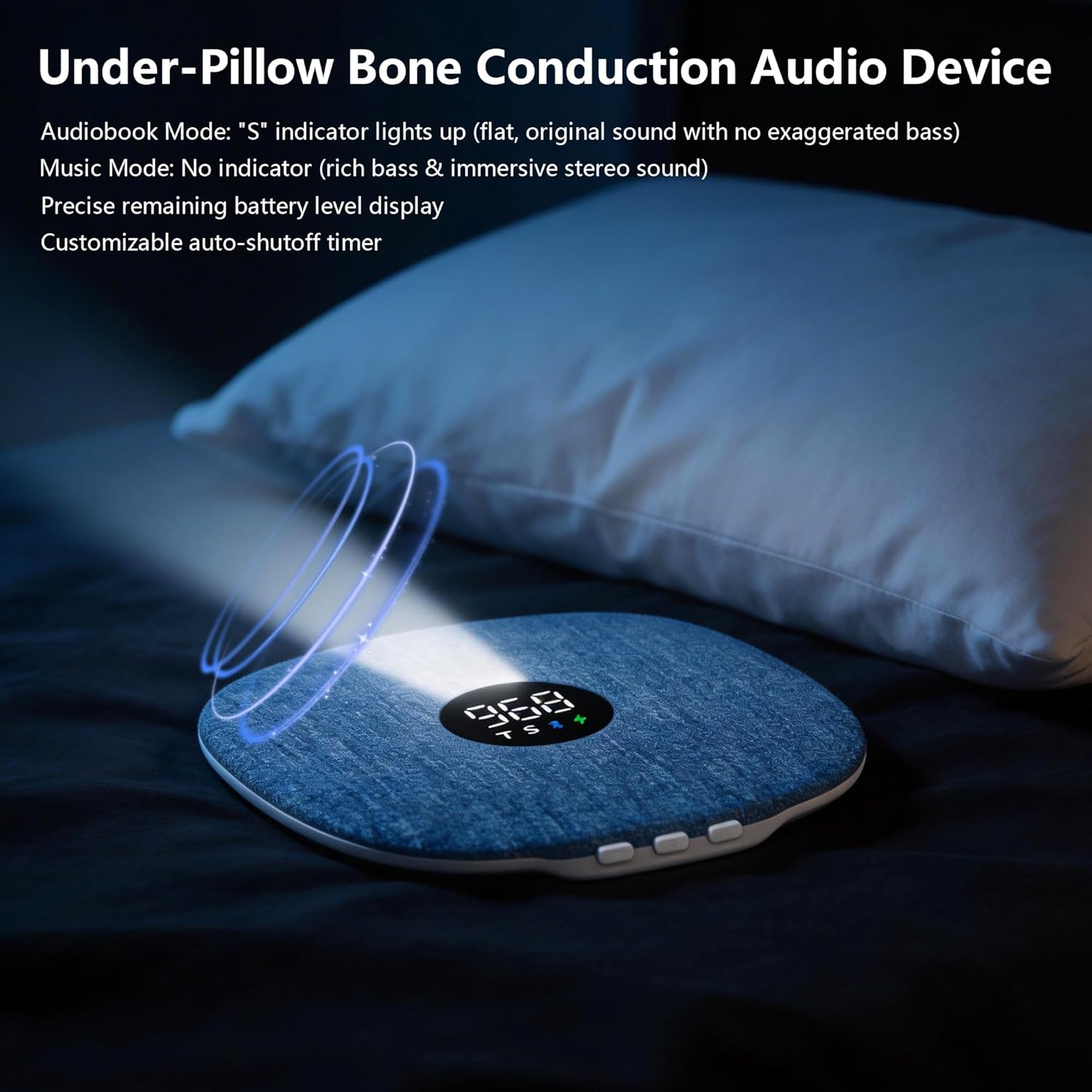 Under Pillow Speaker for Sleeping, Dual Bone Conduction Bluetooth Pillow Speaker with Led Display, TF Card Bluetooth Two Playback Modes, Timer Adjustment,16 Hours Battery Life for Sleep Aid (Blue)