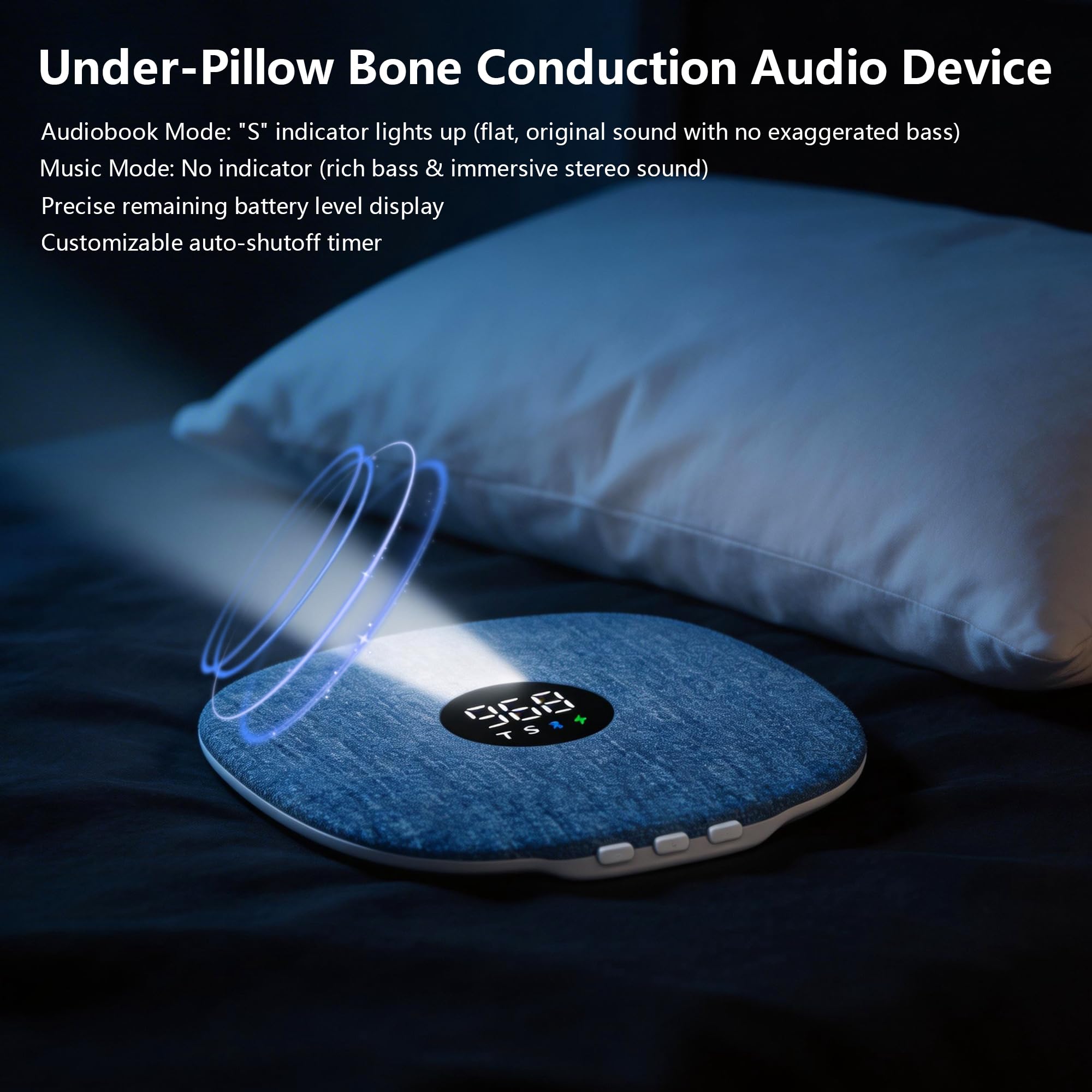 Mhaohuofu Under Pillow Speaker for Sleeping, Dual Bone Conduction Bluetooth Pillow Speaker with LED Display, Two Playback Modes, Timer Adjustment, 16 Hours Battery Life for Sleep Aid (Blue) — view 5