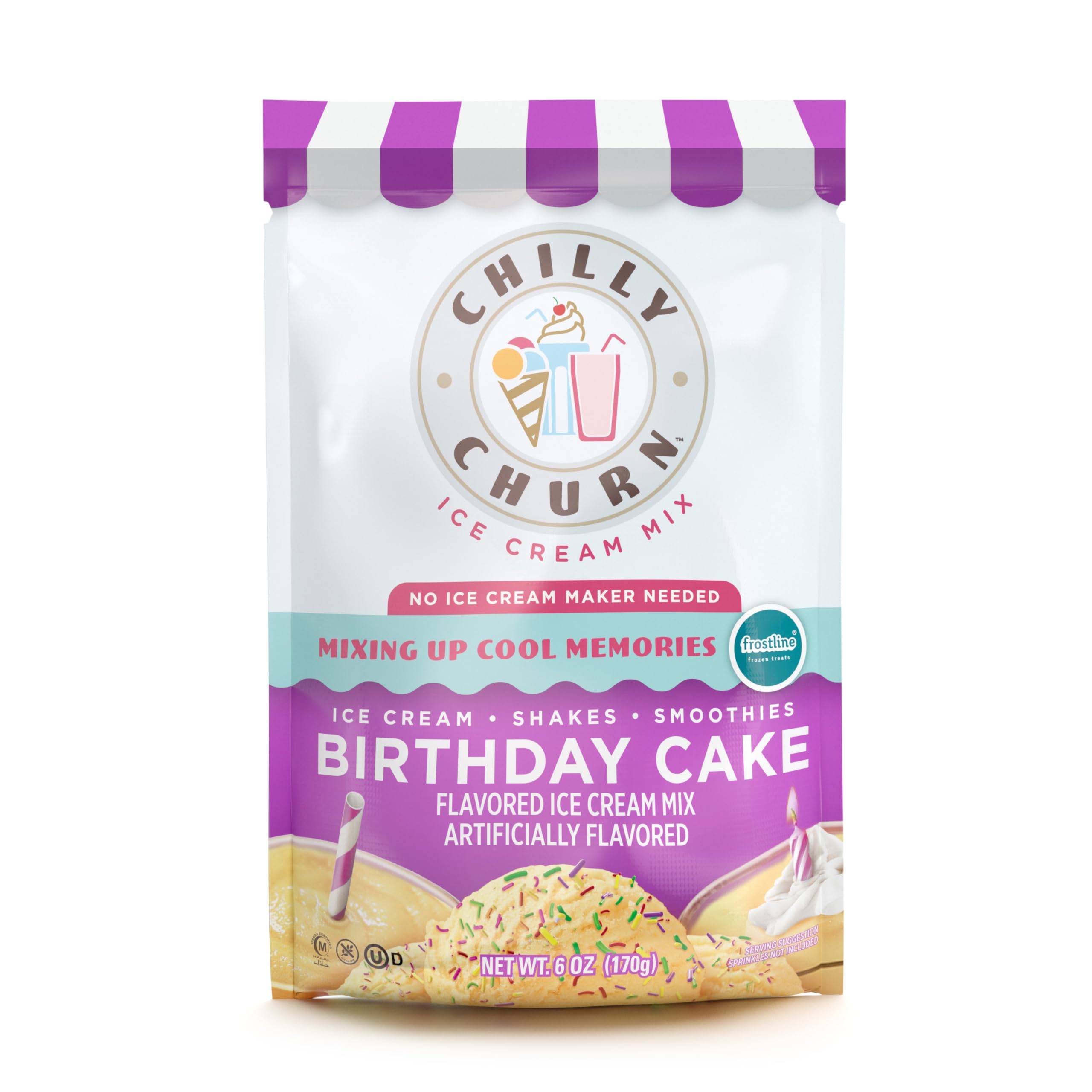 Chilly Churn Birthday Cake Flavored Ice Cream, Shakes, Smoothies Mix By Frostline Brand, Use with Ice Cream Machine, Countertop Creamer, Blender, And More, Gluten Free, Kosher, Makes 1.5 Quarts, 6 oz Pouch