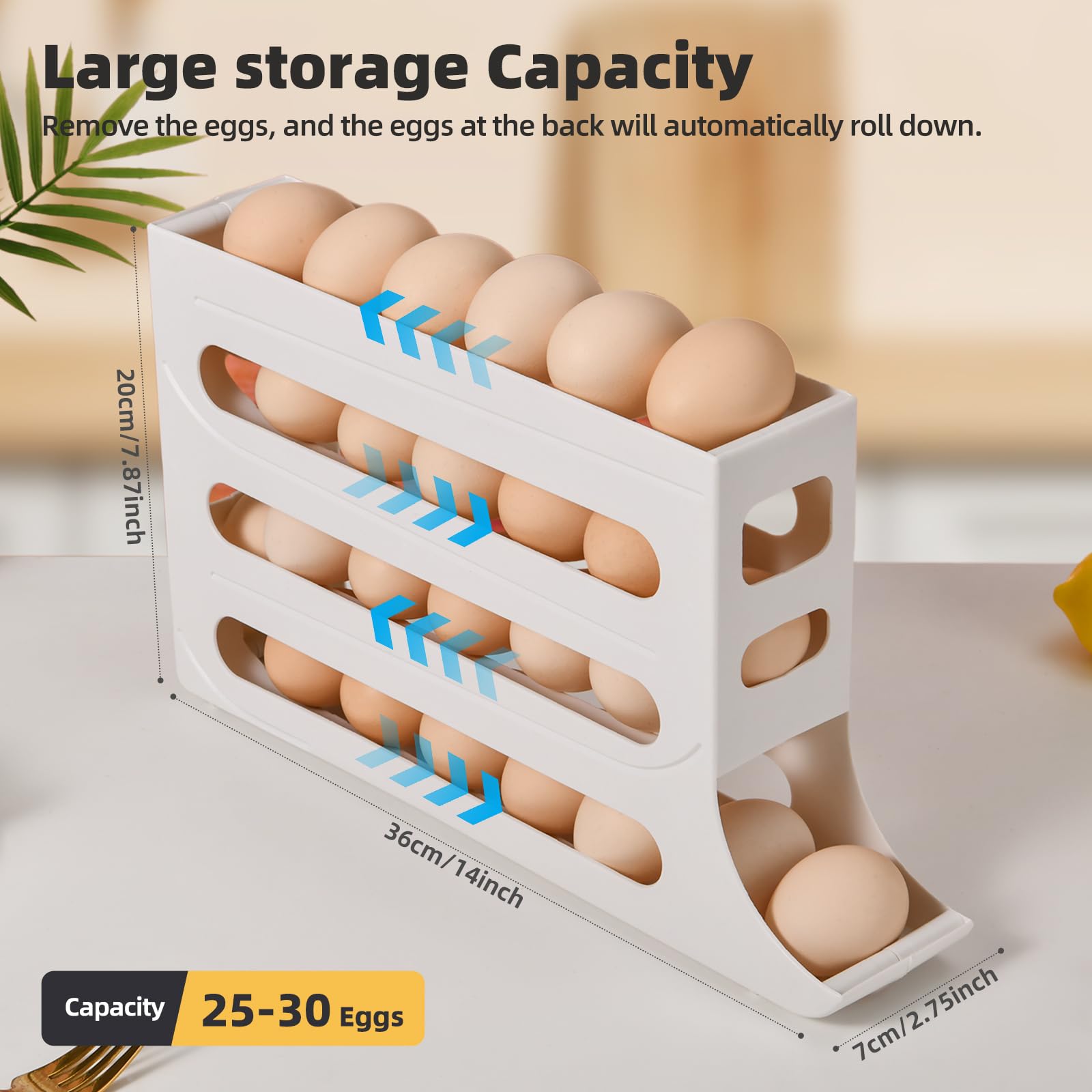 Soporte para 30 huevos para refrigerador, organizador de huevos con ruedas automáticas de 4 niveles para refrigerador, organizadores de refrigerador y almacenamiento (blanco) 2