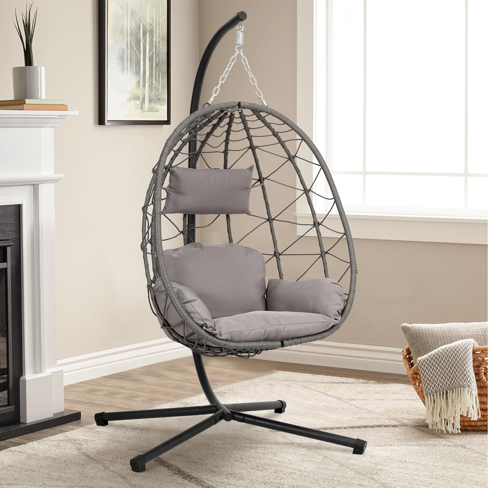 Warmiehomy Egg Chair Hanging Chair with Stand Garden Foldable Swing Chair with Cushion Rattan Hanging Egg Chairs for Indoor Outdoor Hammock Chair With Frame for Patio, Balcony