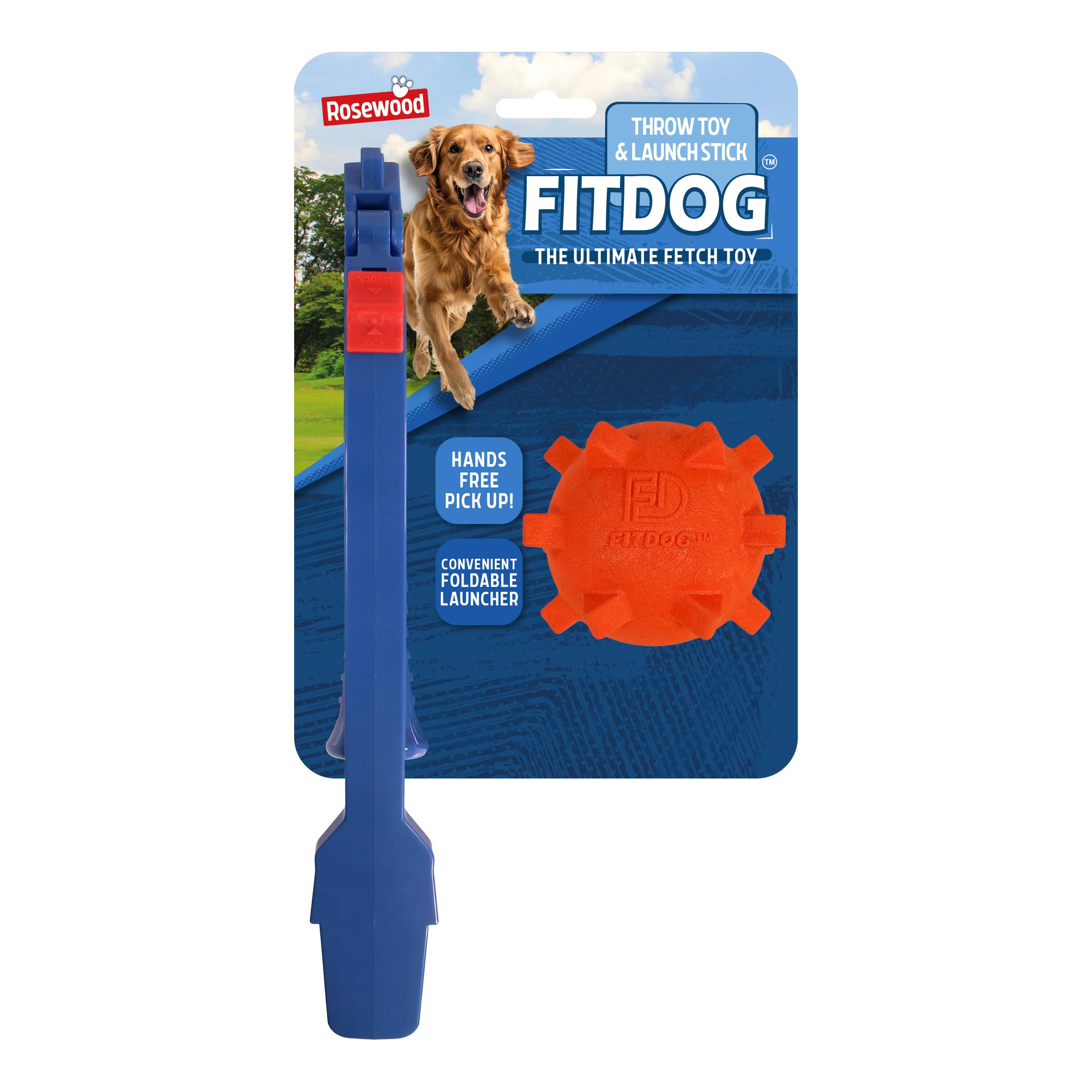 Rosewood Fit Dog Rubber Spikey Ball Throw Toy with Foldable Launcher, Durable Outdoor Dog Fetch Toy & Flinger