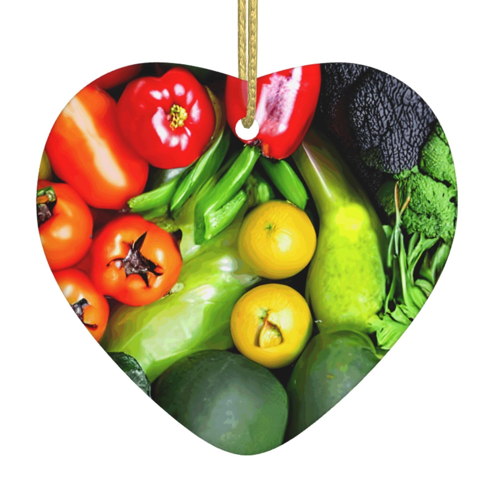 Nbtghga White Fresh Vegetables Fruits Print Christmas Ornaments, Ceramic Hanging Ornament, Xmas Tree Decoration, Holiday Home Decor