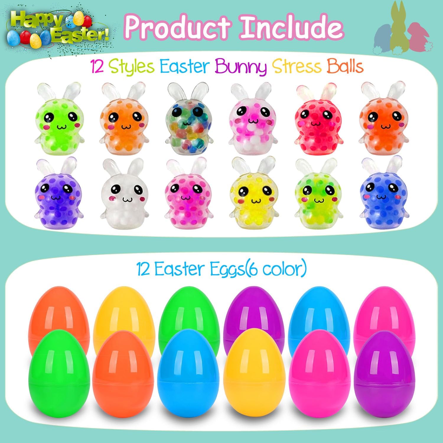 12Pcs Prefilled Easter Eggs with Mini Stress Balls Squeeze Toys Inside for Kids Easter Basket Stuffers, Filled Easter Egg for Easter Eggs Hunt Party Favors, Classroom Prize Supplies, Small
