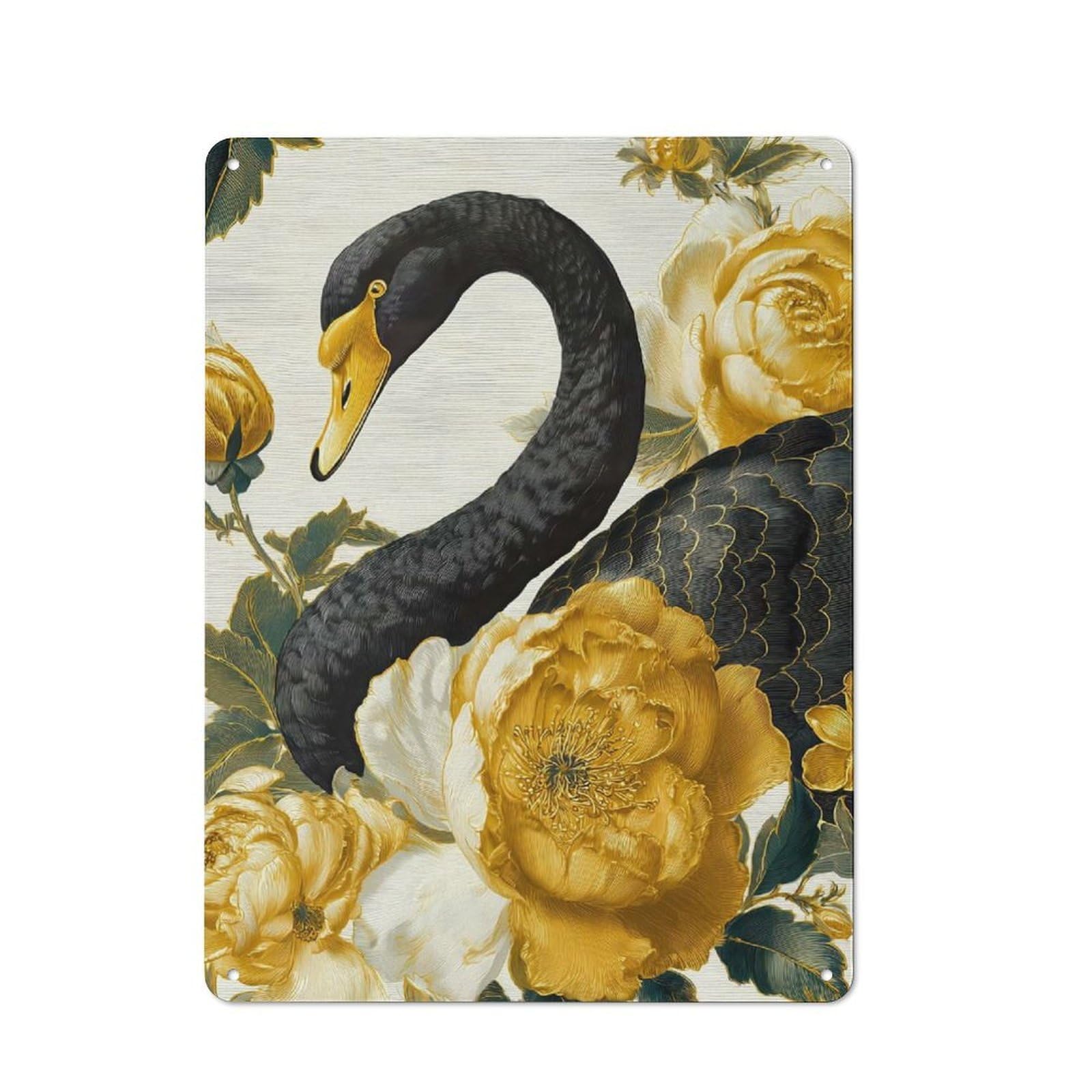 Junmoney Black Swan And Golden Flowers Tin Sign 40X30cm For Living Room Wall, Retro Wall Decor, A Decorative Metal Sign For Living Rooms And Feature Walls