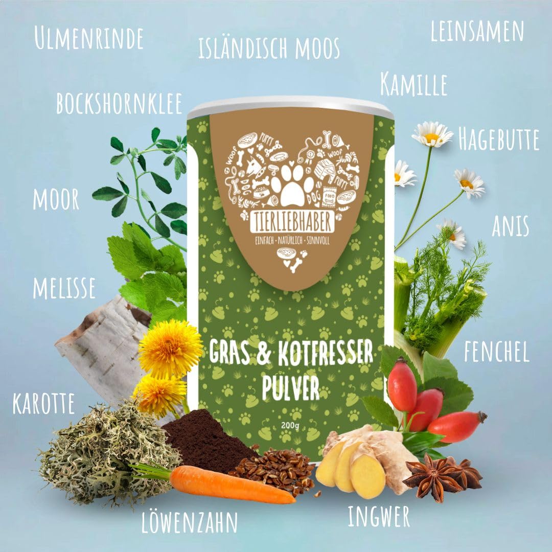 TIERLIEBHABER – Gras- & Kotfresser Pulver für Hunde – bei Fressen von Gras & KOT – beruhigt den Magen & reduziert Sodbrennen – Grasfresser Pulver mit Heilerde, Anis & Fenchel (200g)
